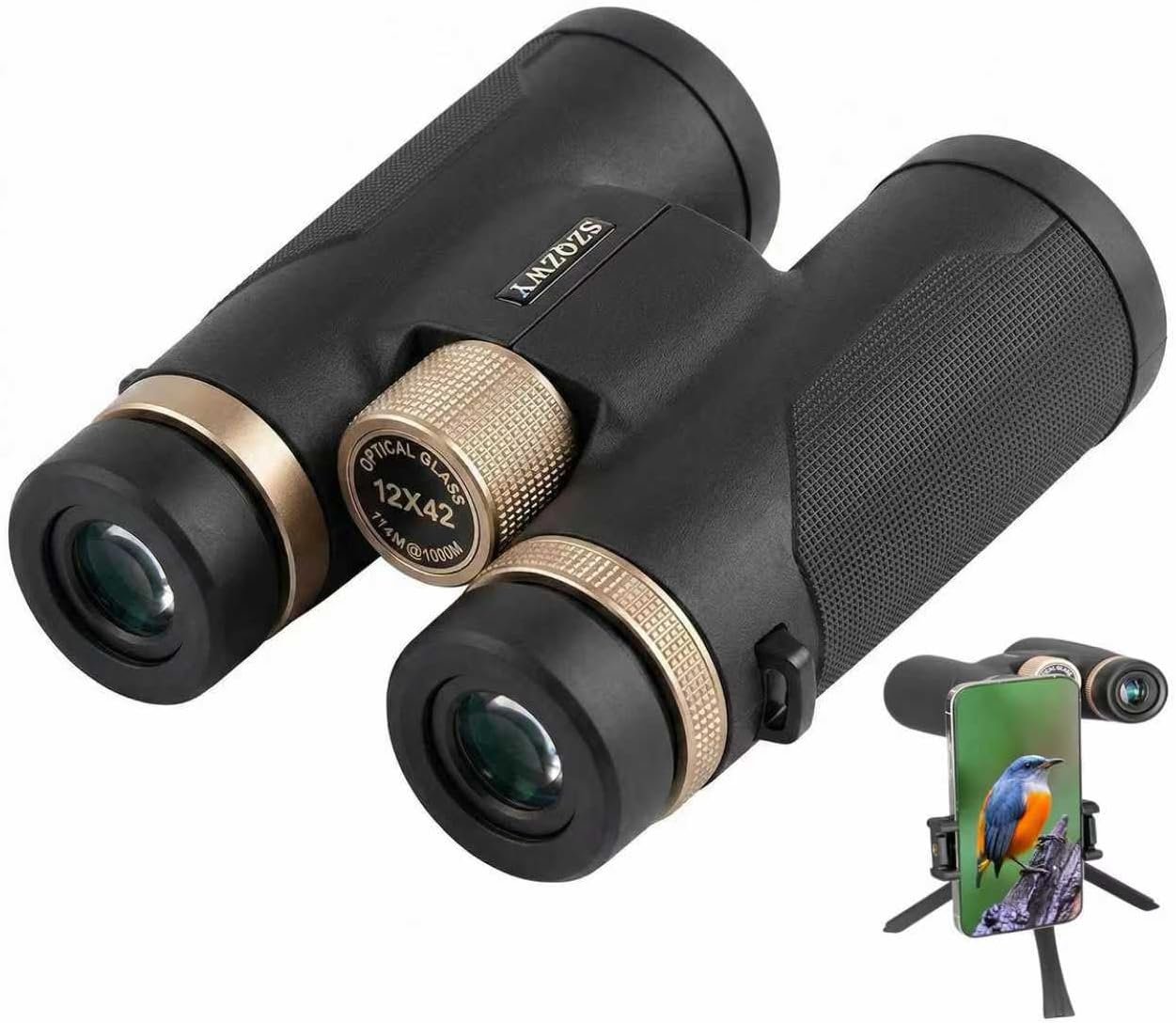 12×42 HD Binoculars for Adults High Powered with Phone Adapter and Tripod, Super Bright Binoculars for Bird Watching Hunting，Hiking，Safari，Travel，Sports，Concert.Black
