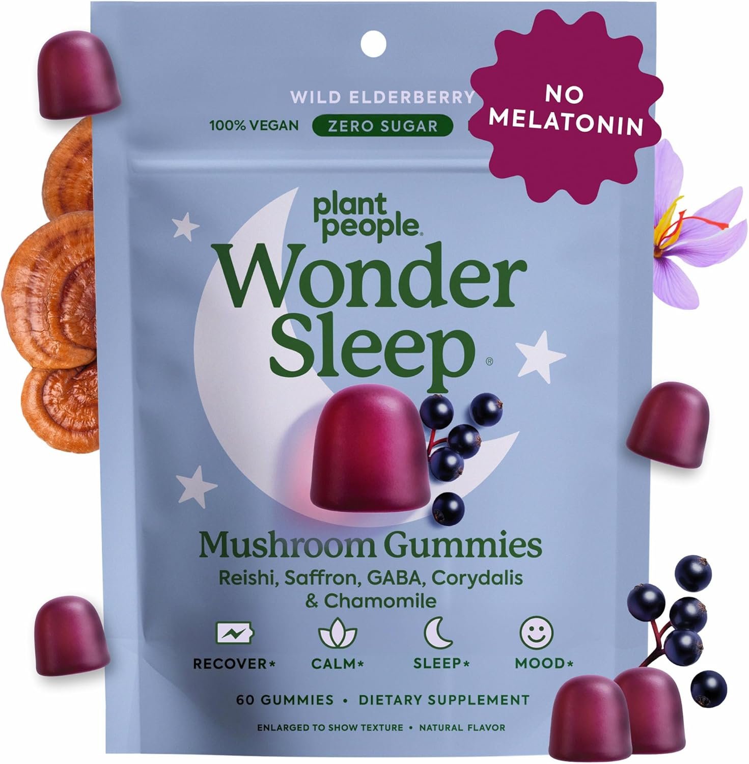 Plant People WonderSleep Mushroom Gummies Supplement for Sleep, No Melatonin with Reishi Super Mushrooms, Wild Elderberry Flavor, Sugar-Free (60 Count)