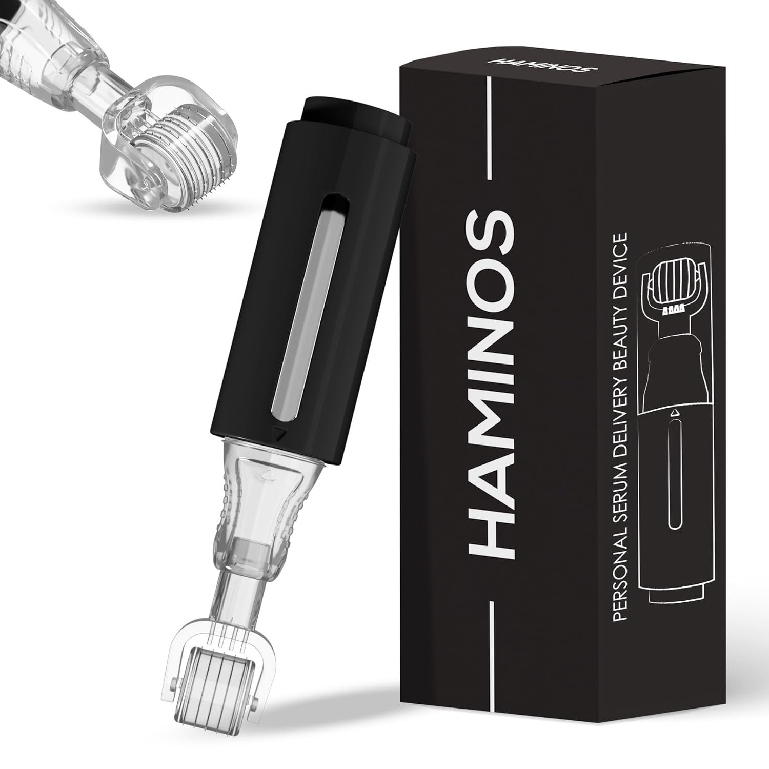 HAMINOS Derma roller 0.25 mm with Reservoir for Hair, Beard, Skin, Lips, Wrinkles, Stretch Marks, Hyperpigmentation INSTANT SERUM APPLICATION, 105 Titanium Needles