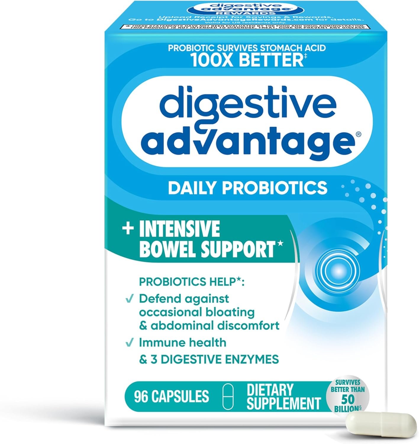 Digestive Advantage Daily Probiotic Capsules for Digestive Health & Gut Health, Probiotics for Men and Women (96 Count Box) – Digestible Enzymes