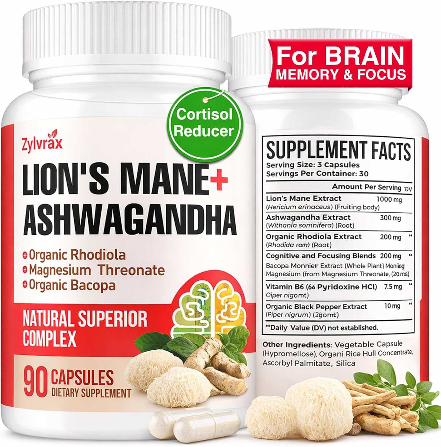 Ashwagandha & Lions Mane Supplements Capsules, Brain Supplements for Memory and Focus, Ashwagandha with Rhodiola Rosea for Cognitive, Immune Support, Cortisol Supplements for Women, 90 Capsules