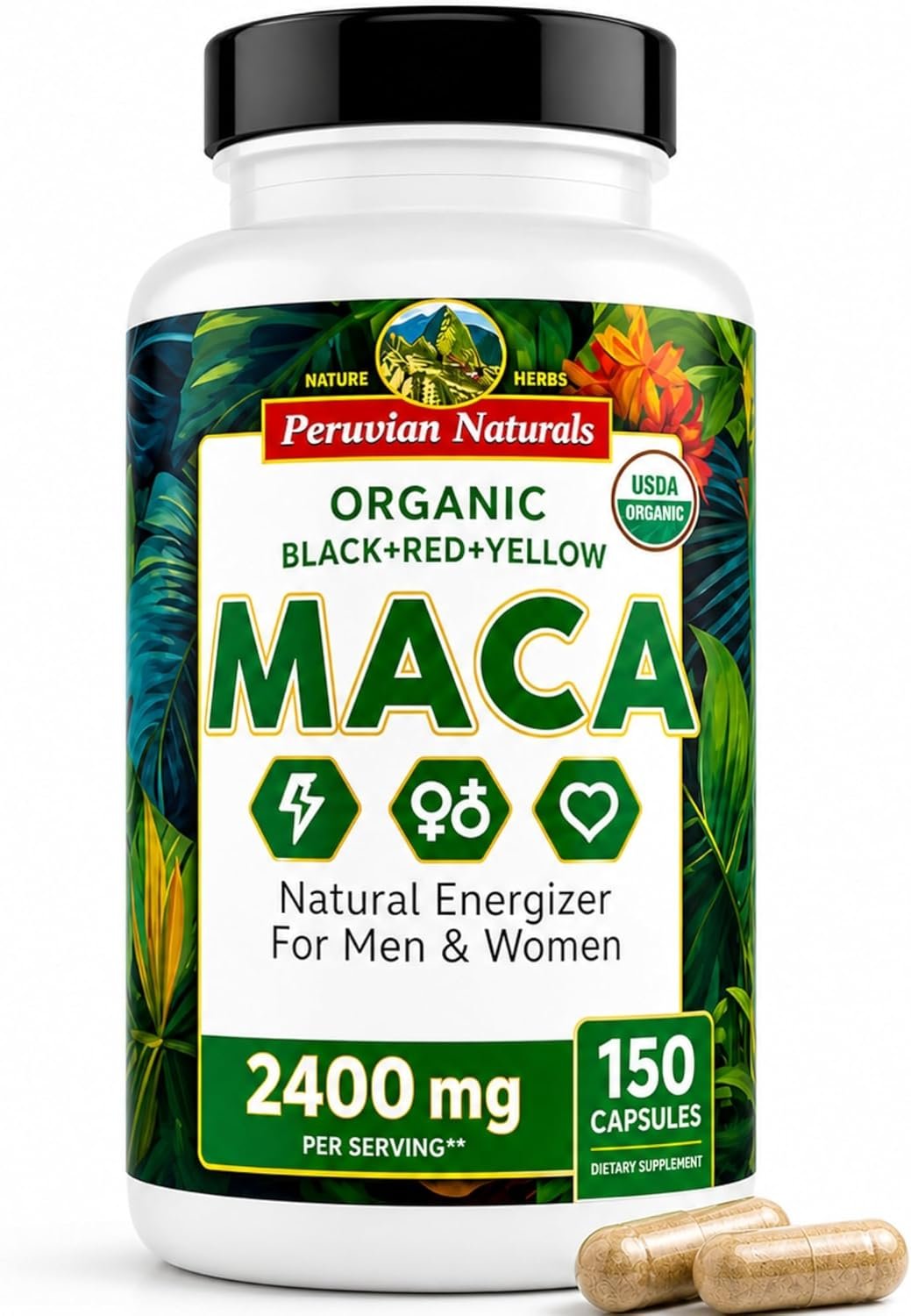 Organic Maca Root Capsules for Women & Men 2400mg per Serving – 150 Pills Black, Red, Yellow Maca Supplement – Gelatinized Macaroot, Non-GMO, Vegan by Peruvian Naturals