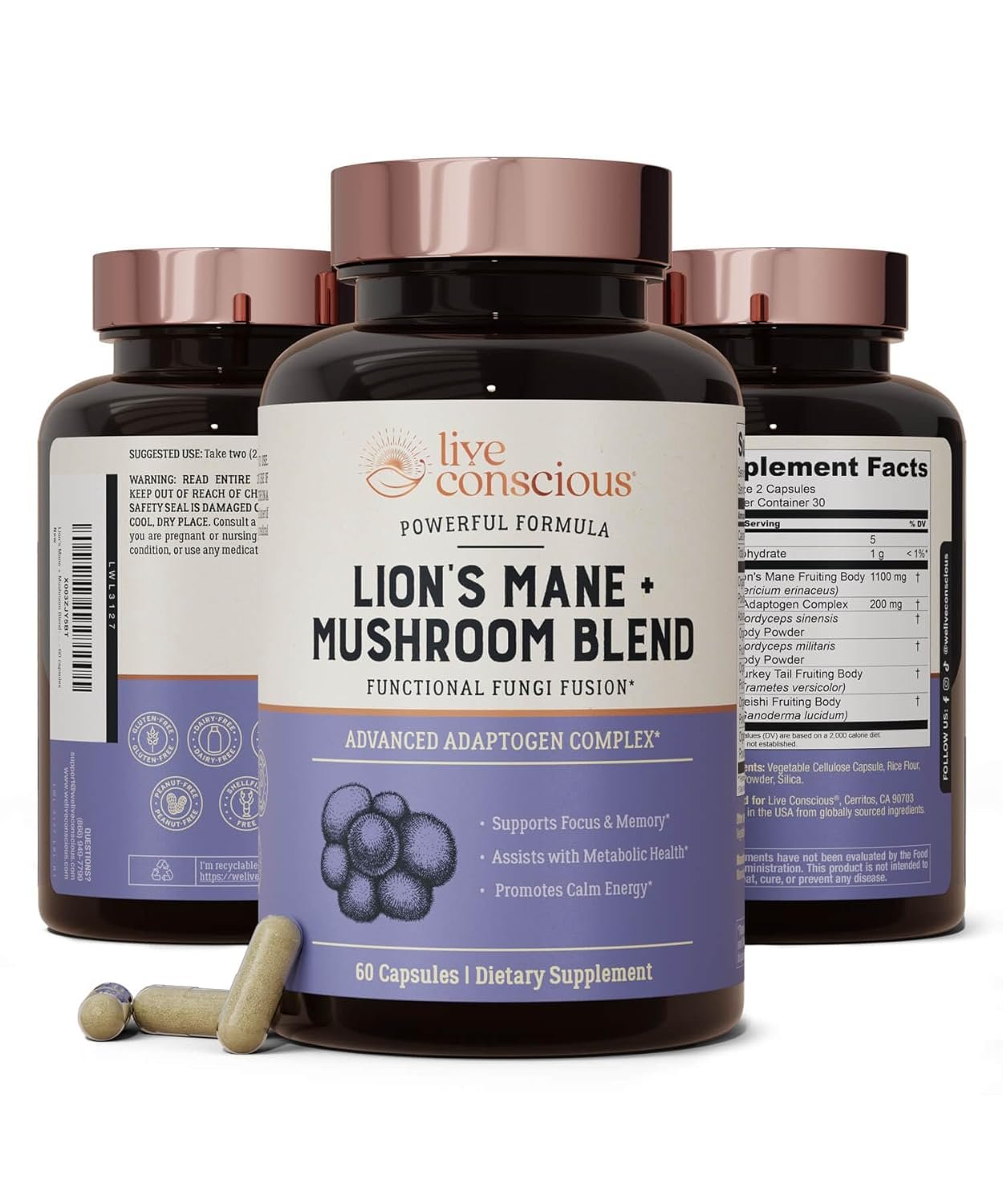 Live Conscious Lions Mane Mushroom Supplement Capsules for Brain Support w/Lion’s Mane, Cordyceps, Reishi, and Turkey Tail Mushrooms – Cognitive Memory Supplement for Brain