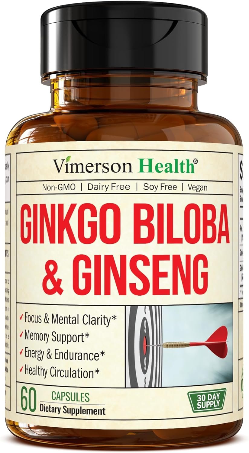 Asian Ginseng and Ginkgo Biloba Supplements – Panax Ginseng Extract 700mg + Ginko Biloba 720mg – Nootropic Brain Supplement for Memory, Focus & Sustained Energy – 60 Easy-to-Swallow Capsules