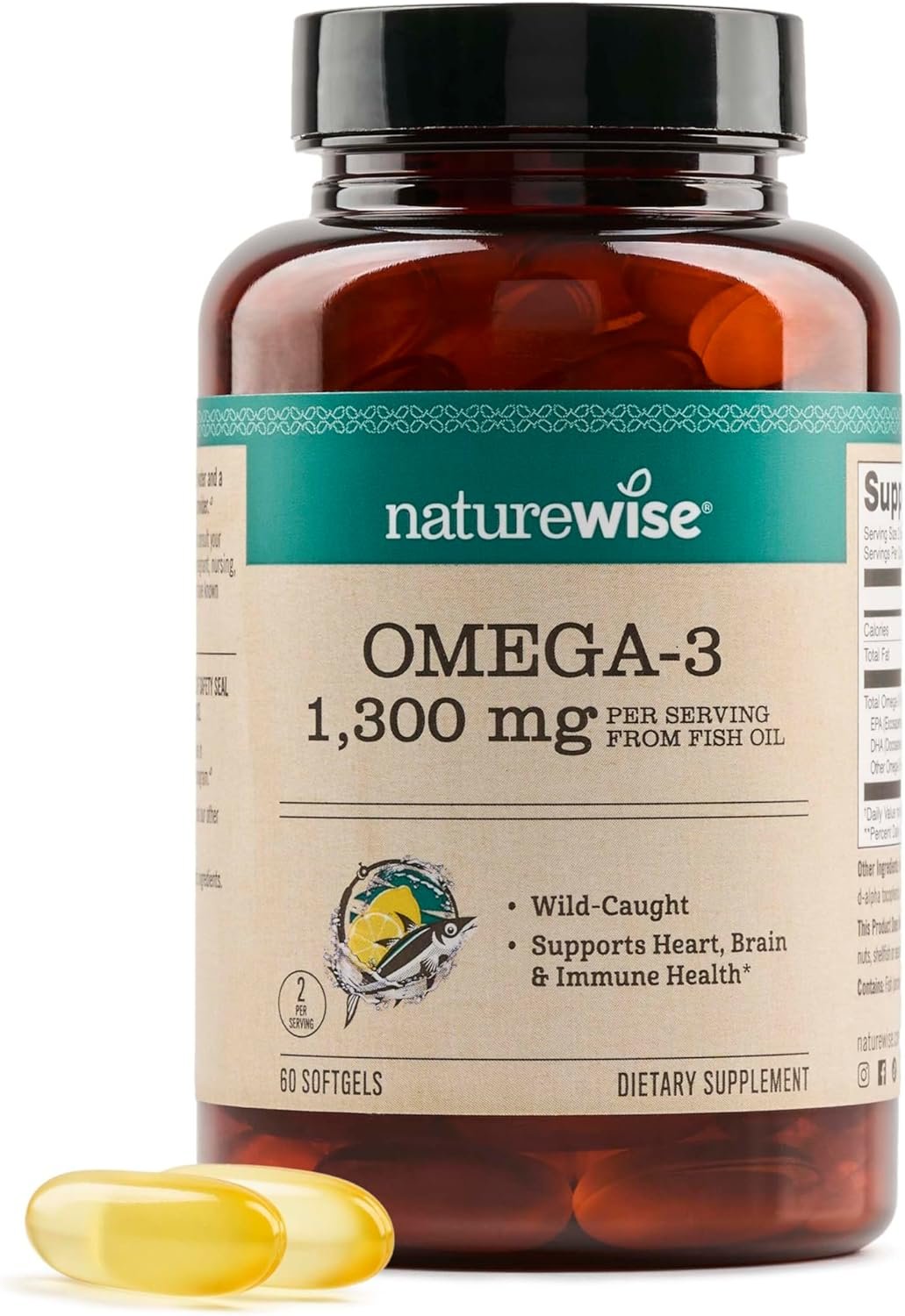NatureWise Ultra Omega 3 Fish Oil 2200 mg – 1300 mg Omega-3 – Triglyceride Form – Lemon Flavor – Wild-Caught Fish Oil + EPA & DHA – Burpless, Non-GMO – 60 Softgels[1-Month Supply]