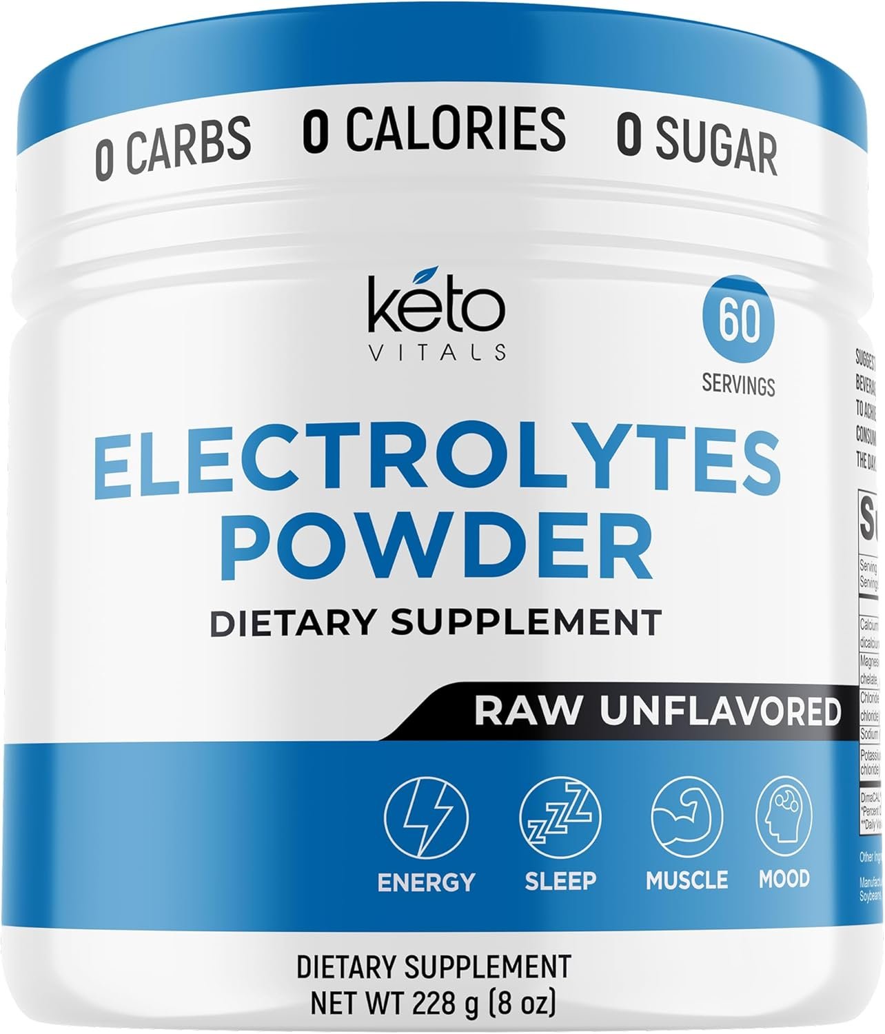 Keto Vitals RAW Unflavored Electrolyte Powder – Sugar Free Electrolytes for Fasting, Keto & Hydration – No Sugar, No Flavor – Flavorless Electrolytes Powder Tub – 60 Servings