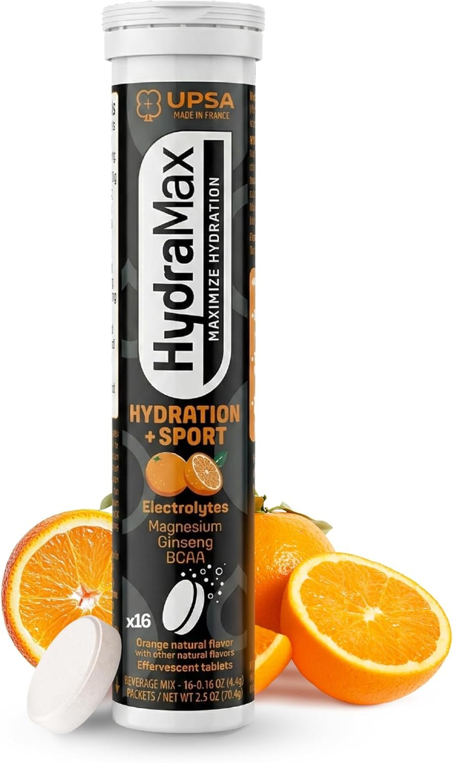 Upsa HydraMax Sport Electrolytes Hydration Tablets – Natural Orange Effervescent with 4 Essential Electrolytes Magnesium, Ginseng Extract, BCAAs & Vitamin C, Post Workout Recovery Mix Support 16 Count