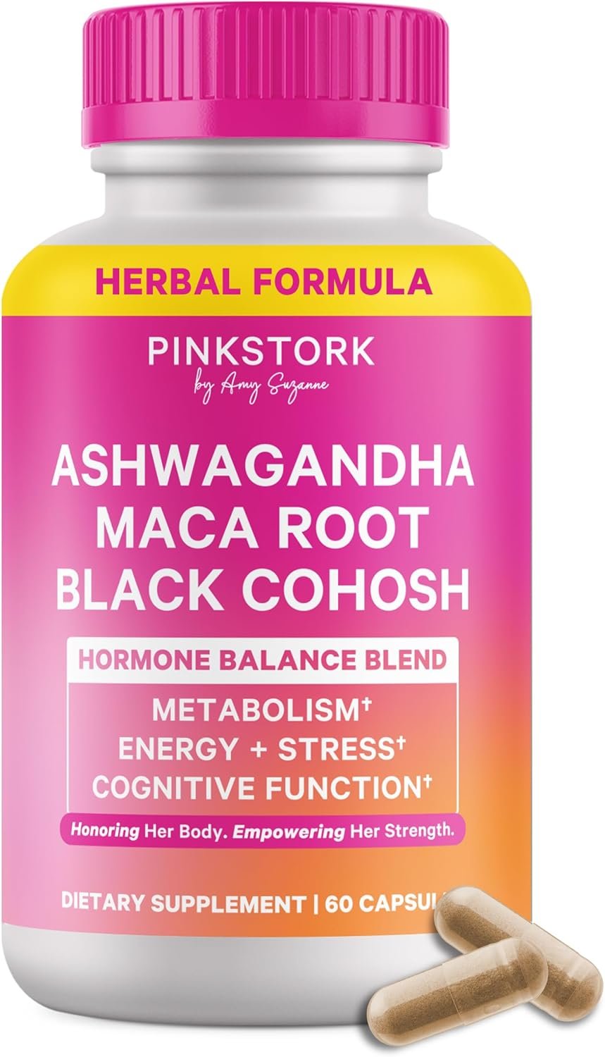Pink Stork Ashwagandha, Maca Root & Black Cohosh Perimenopause & Hormone Balance Supplement for Women – Mood, Stress, Adrenal & Cortisol Support – 60 Capsules