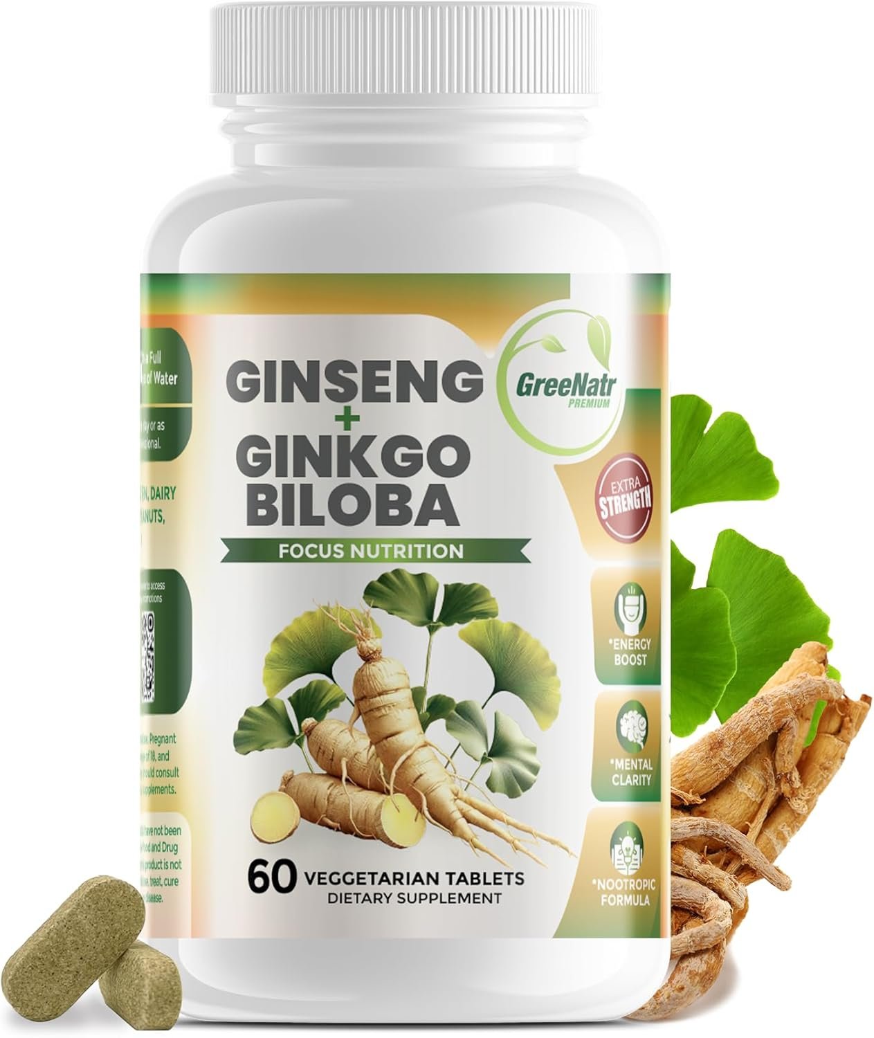 GreeNatr Ginko Biloba & Panax Ginseng Supplement – Red Ginseng Brain Supplement for Memory and Focus – Ginkgo Biloba Supplements for Good Vision, Immune System and Improved Blood Flow – 60 Tablets