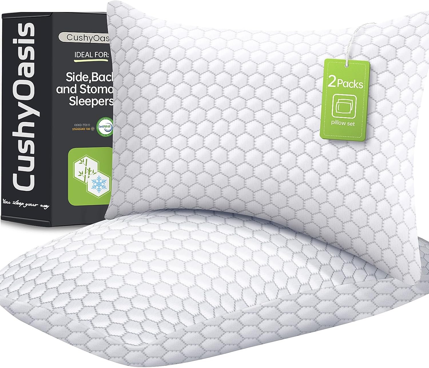 CushyOasis Shredded Memory Foam Pillow for Sleeping, Cooling Bed Pillows Set of 2, Adjustable Pillows for Side, Back, Stomach Sleepers with Washable Pillowcase (Queen Size, Grey)