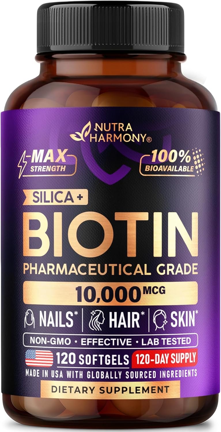 Biotin 10000mcg with Silicon – Pharmaceutical Grade Biotin Supplement for Women – Hair Growth Support, Skin & Nails – Max Strength & 100% Bioavailability – Made in USA – 120 Softgels, 120 Days Supply