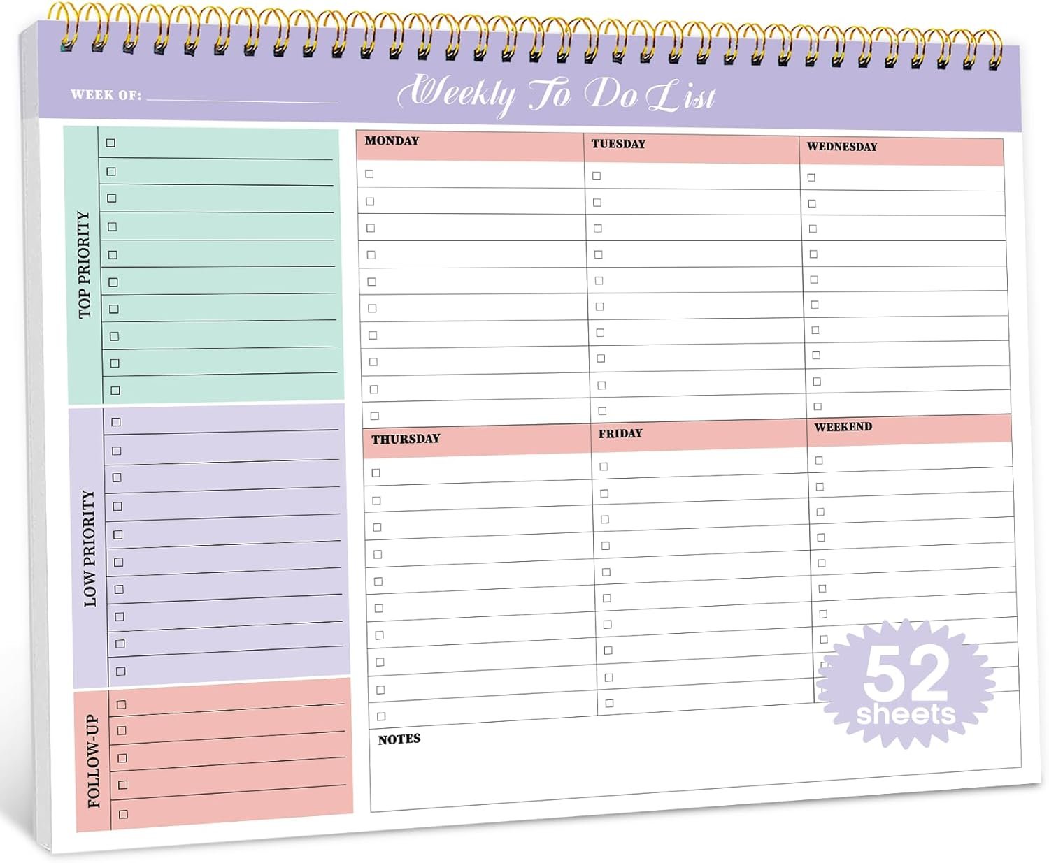 Taja Weekly To Do List Notepad with 52 Undated Sheets（8.5″×11″）- Weekly Desk Planner for Women & Man, Work and Home -1 Pack Violet Dream