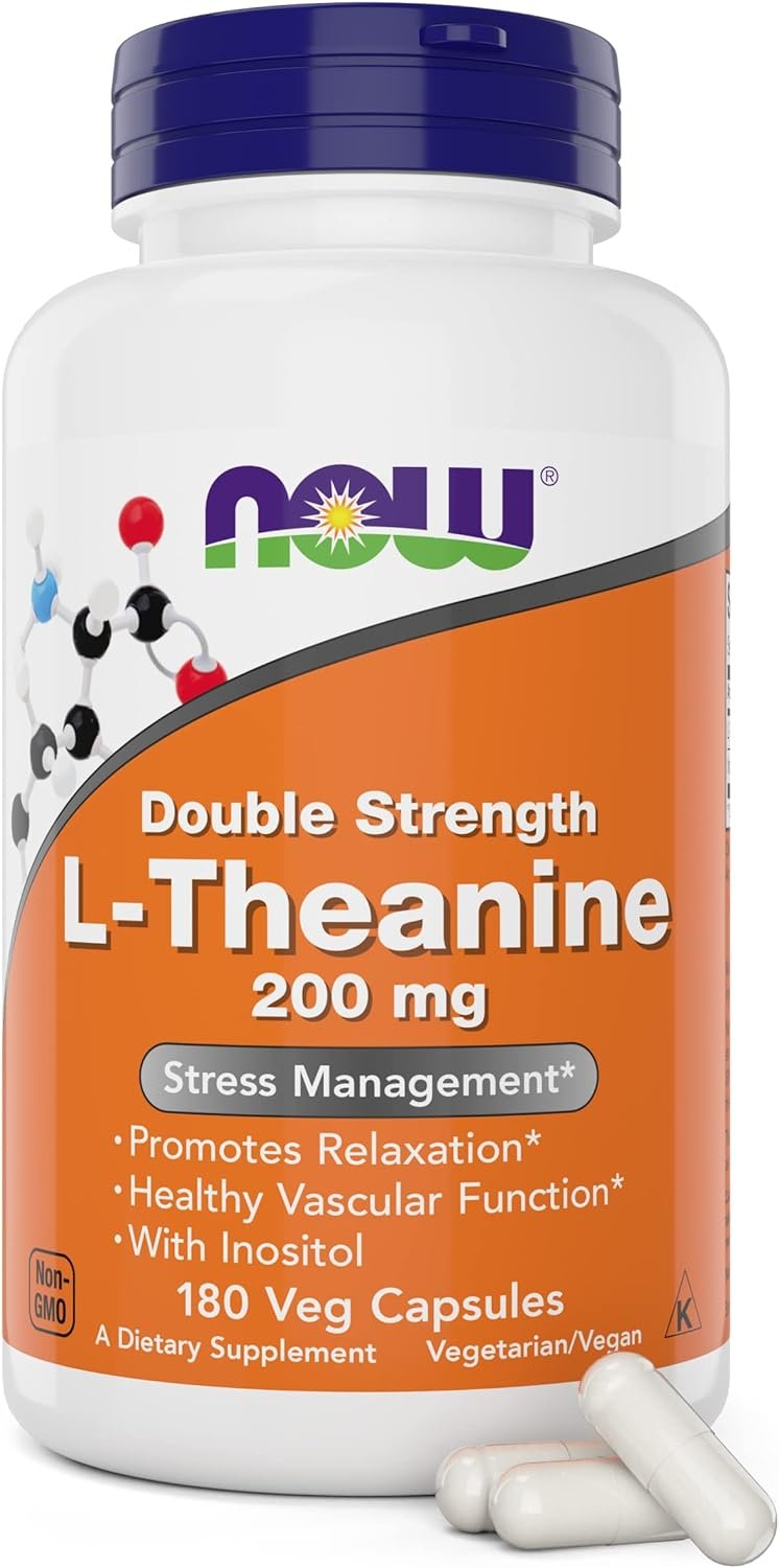 NOW Foods L-Theanine, Double Strength 200 mg Per Cap – 180 Veg Capsules – Enhanced with 100mg Inositol – Vegetarian, Non-GMO – Ltheanine 200mg Supplement