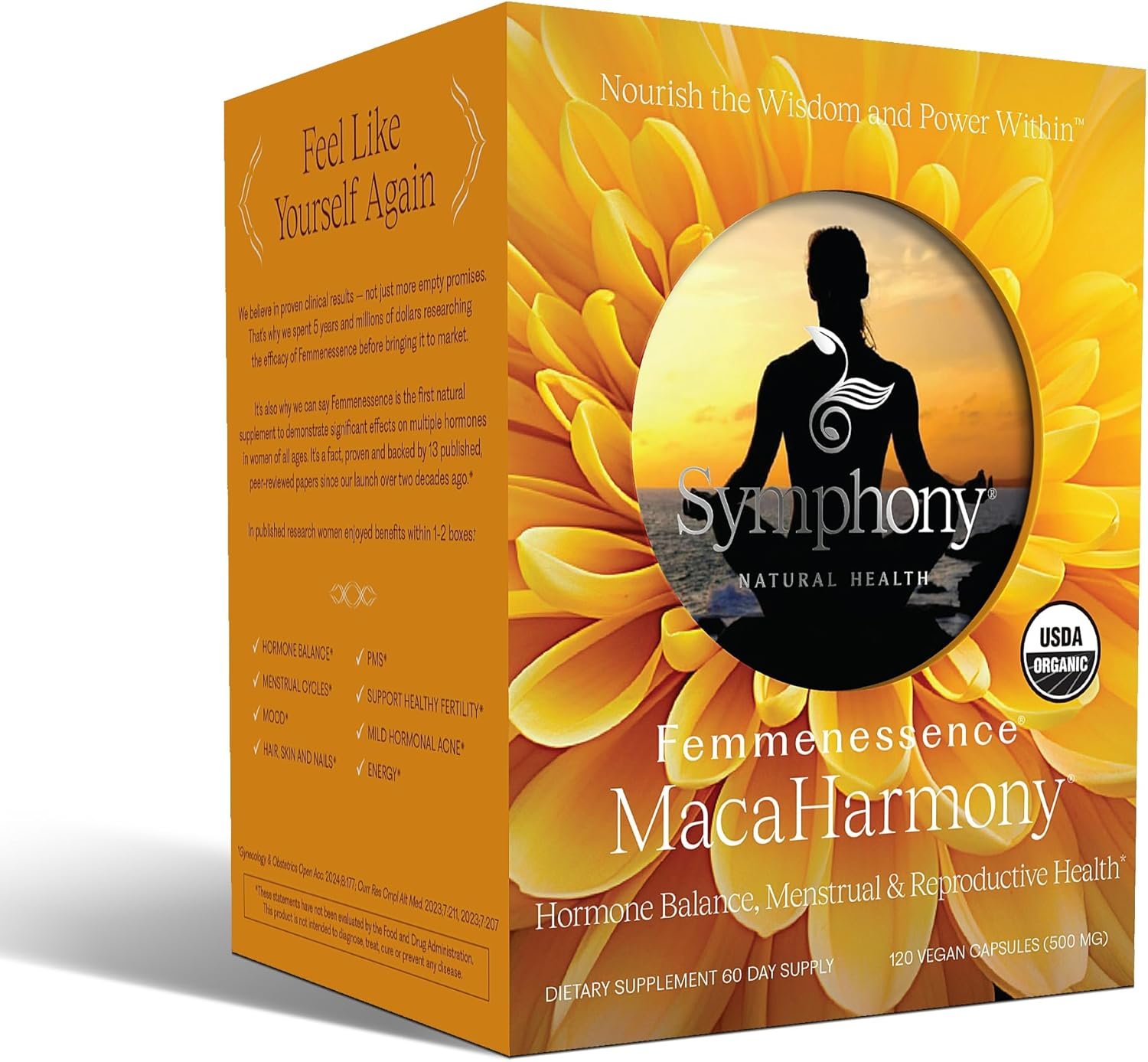Femmenessence® MacaHarmony® – Clinically Studied Hormone Balance Support for Menstrual Health, PMS Relief, Mood, Skin & Fertility, 120 Natural Organic Vegan Capsules (60 Day Supply)