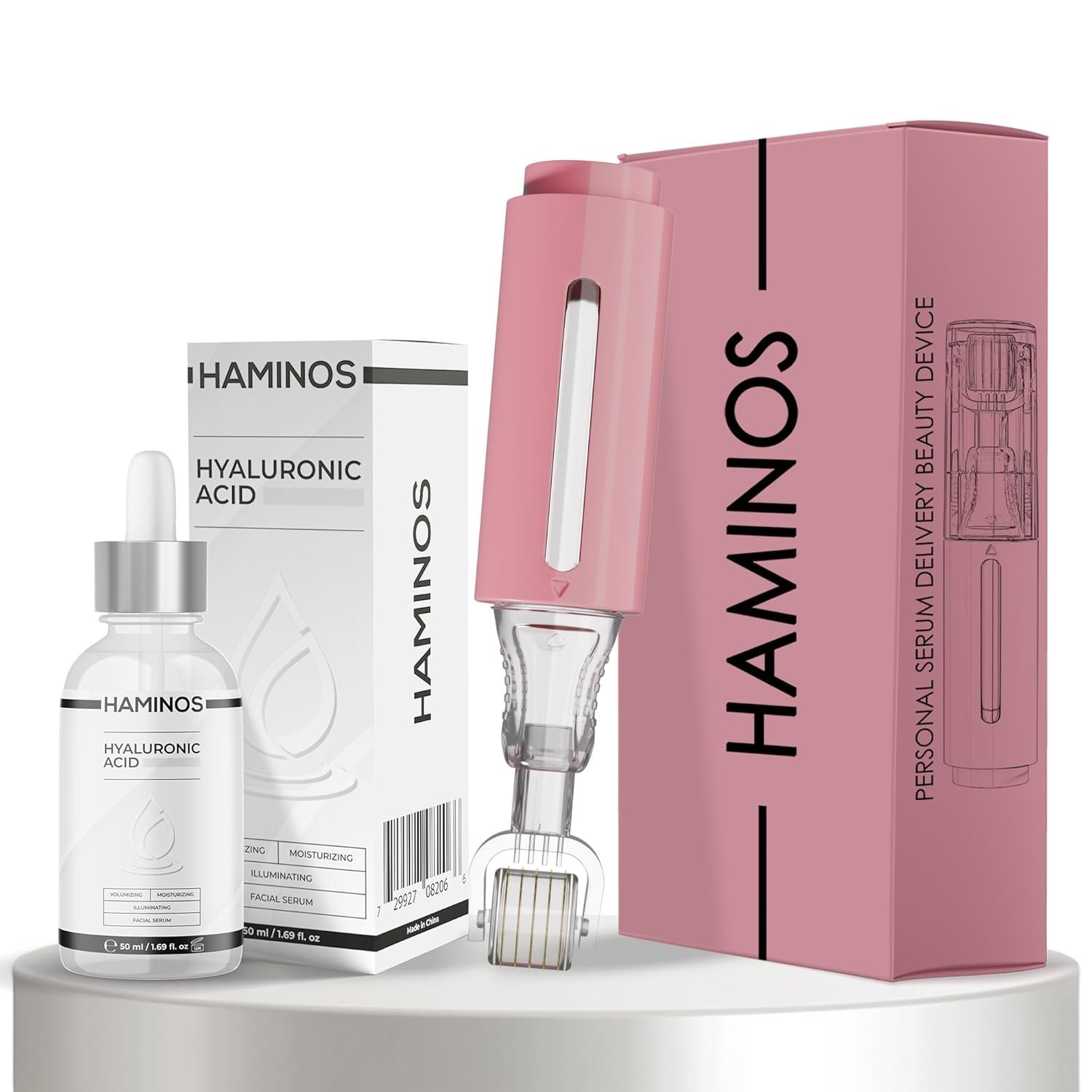 HAMINOS Lips Volume and Hydration Pack: Derma Roller 0.25 mm with Reservoir + 50 ml Hyaluronic Acid Serum