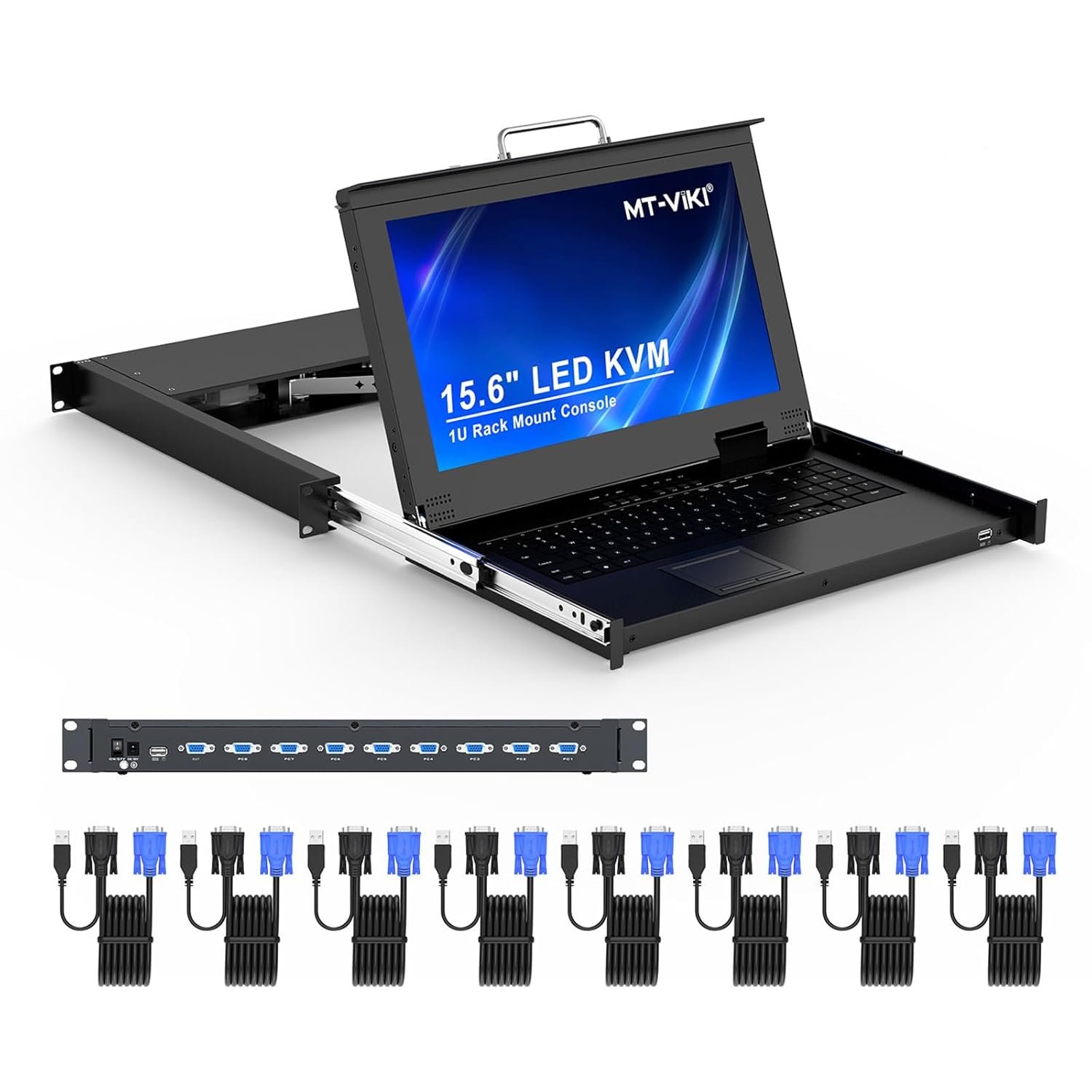 MT-VIKI Rack Mount KVM w/15.6″ LCD Monitor, 8 Port VGA KVM Switch, 1080@60Hz 1U Integrated Monitor Keyboard, Fits 18.9″ to 31.5″ Deep Racks (480-800mm), Included 8 Cables for Server Room, Data Center