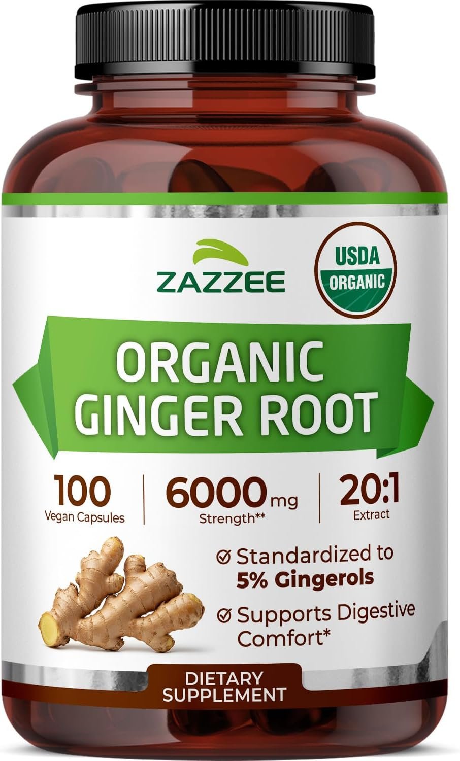 Zazzee USDA Organic Ginger Root 20:1 Extract, 5% Gingerols, 100 Vegan Capsules, 3+ Month Supply, Zingiber Officinale, Digestive & Stomach Support, All-Natural, Non-GMO, Made in the USA