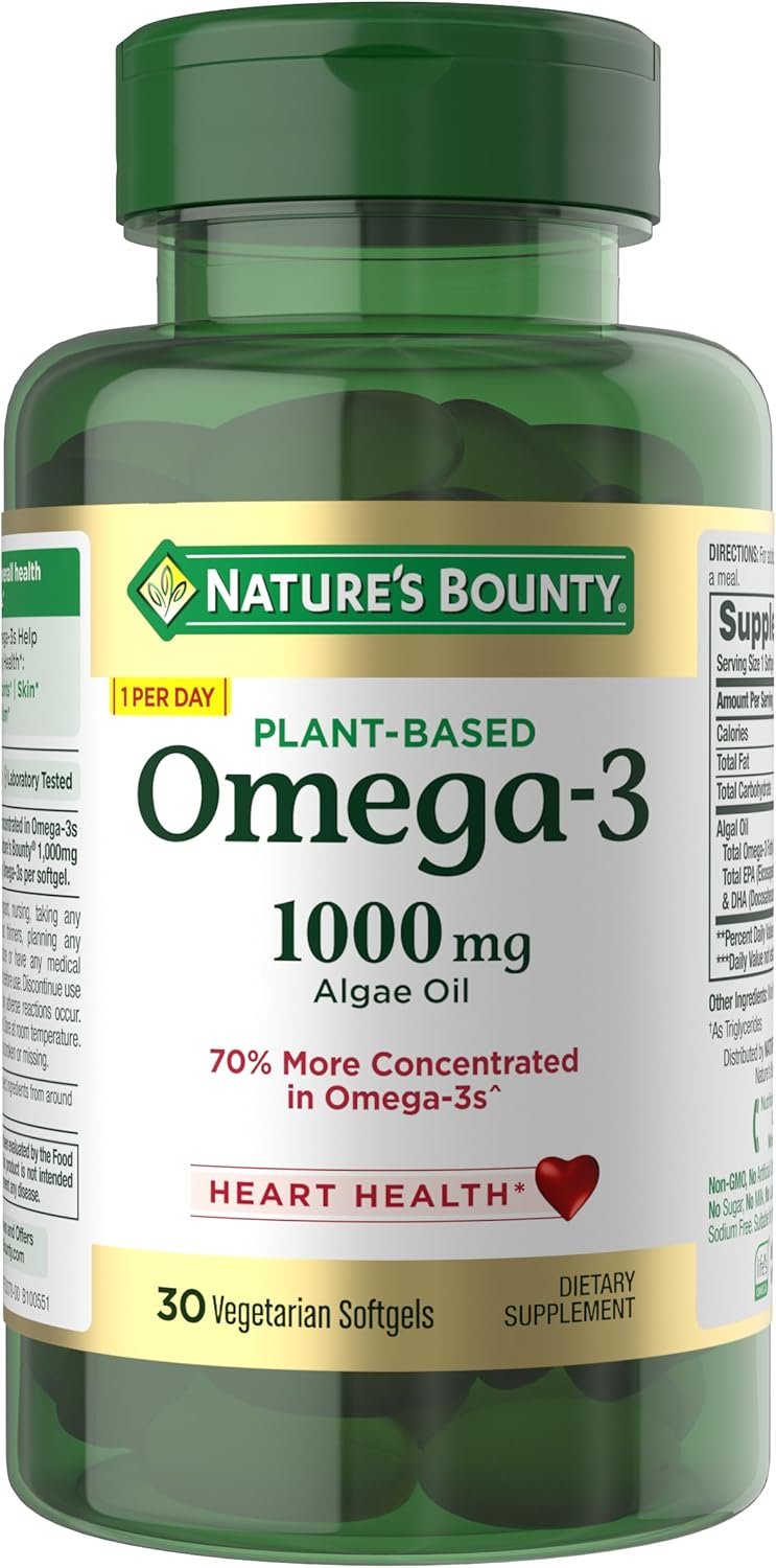 Nature’s Bounty Omega 3, Plant-Based Omega 3 Fatty Acid Supplement, 520mg, Supports Whole Body Health Including Heart, Skin, Joint, 30 Vegetarian Softgels, Fish Oil Alternative