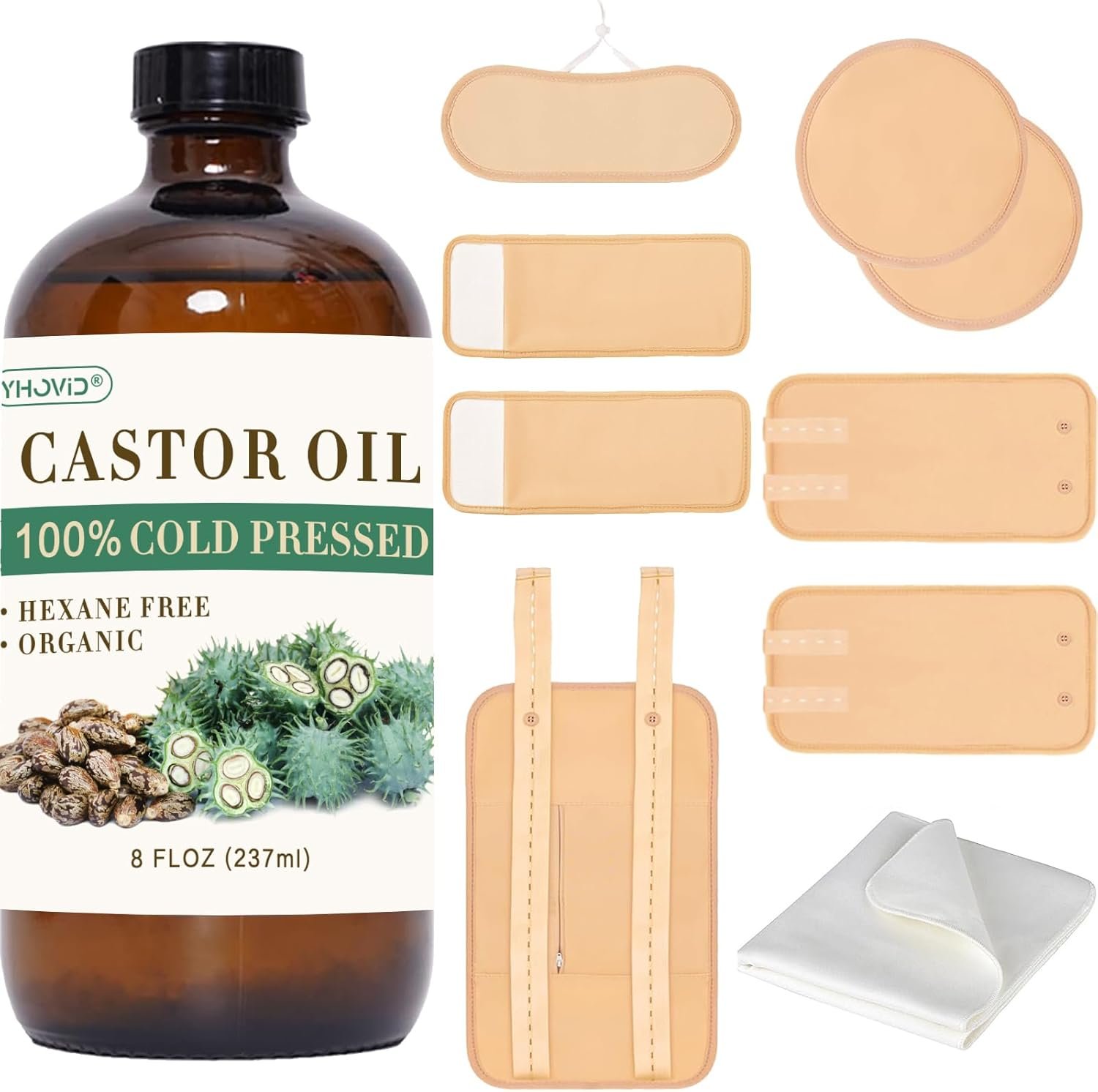 10 Pcs Organic Cotton Castor Oil Pack Wrap – Reusable Castor Oil Packs for Stomach, Neck, Knee, Foot, Women & Entire Body