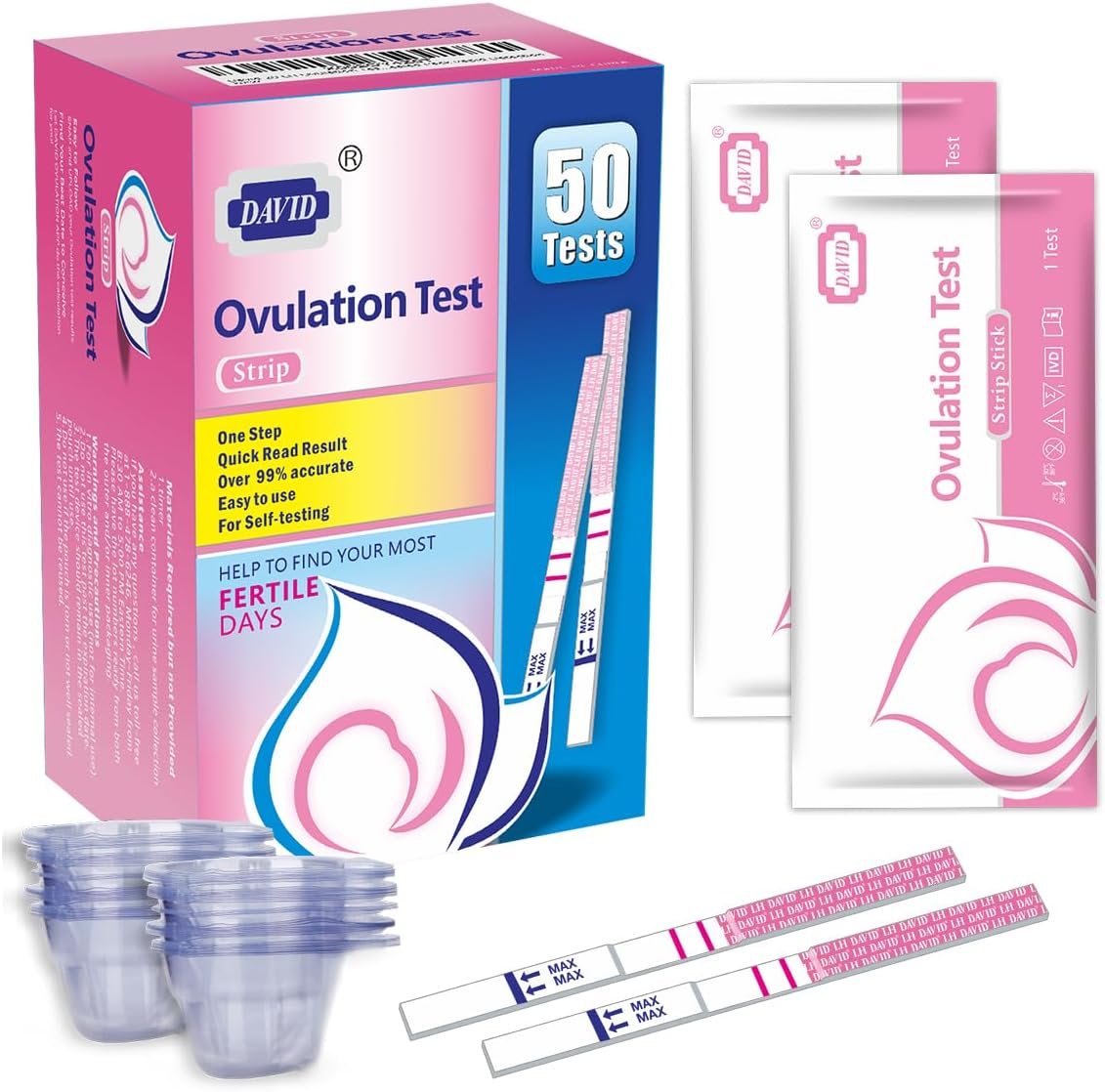 DAVID Ovulation Test Strips, 50 LH Ovulation Predictor Kit with 50 Urine Cups, Accurate Rapid Results, Early Detection High Sensitivity Home Fertility Testing for Women