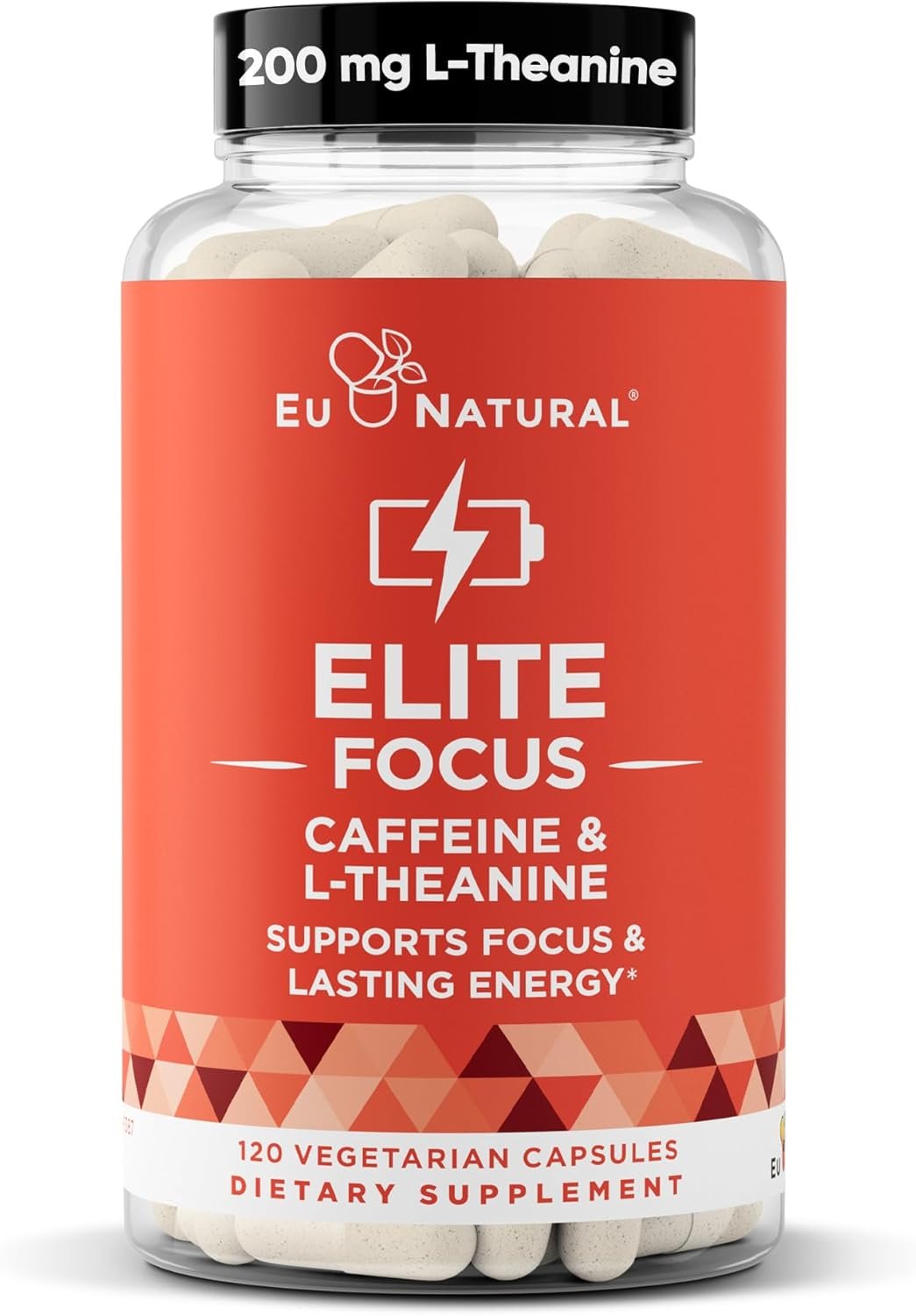 Eu Natural Elite Caffeine Pills with L-Theanine – 100mg Caffeine + 200mg L-Theanine – Jitter-Free Focused Energy & Clean Nootropic Stack – 120 Soft Capsules