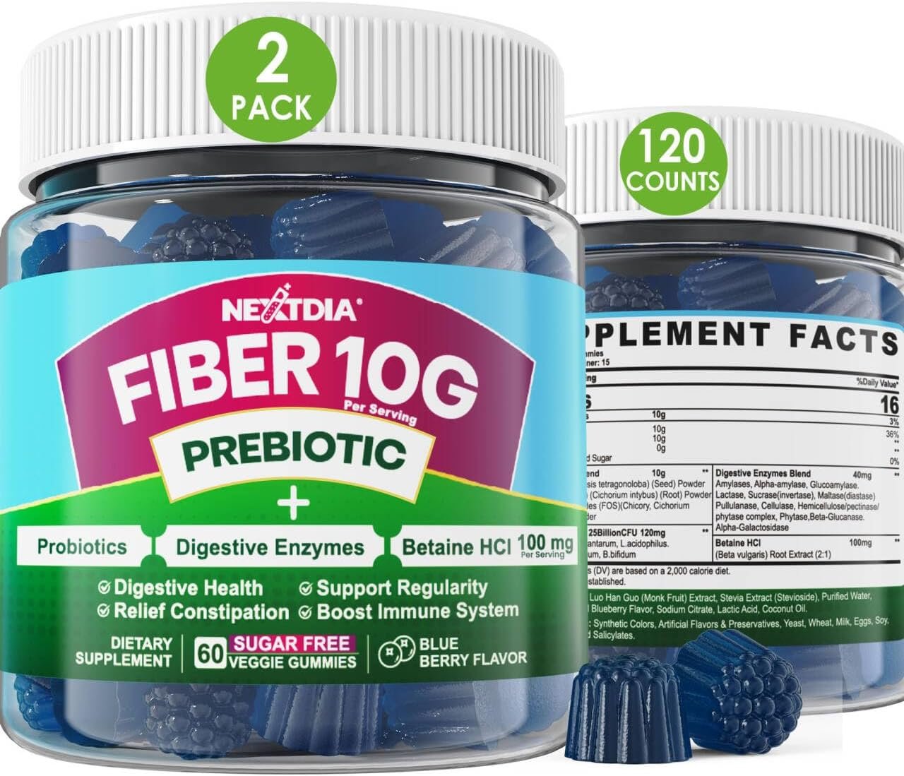 Fiber Gummies for Adults, Sugar Free 10g Prebiotic Fiber Supplement with Digestive Enzymes, Probiotics & 100mg Betaine for Digestive & Gut Health and Regulate Bowel Movement, Vegan, Gelatin Free,120ct