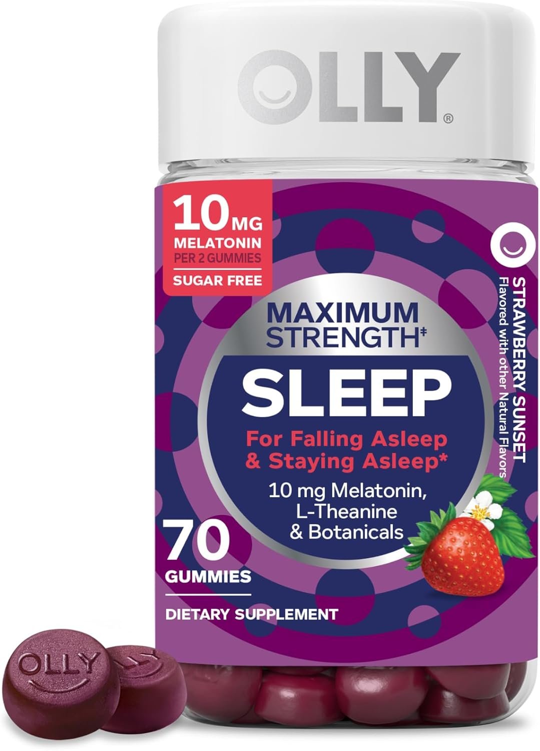 OLLY Max Strength Sleep Gummy, 10mg Melatonin, L-Theanine, Chamomile, Lemon Balm, Sugar Free, Vegetarian Sleep Aid, Strawberry – 70 Count