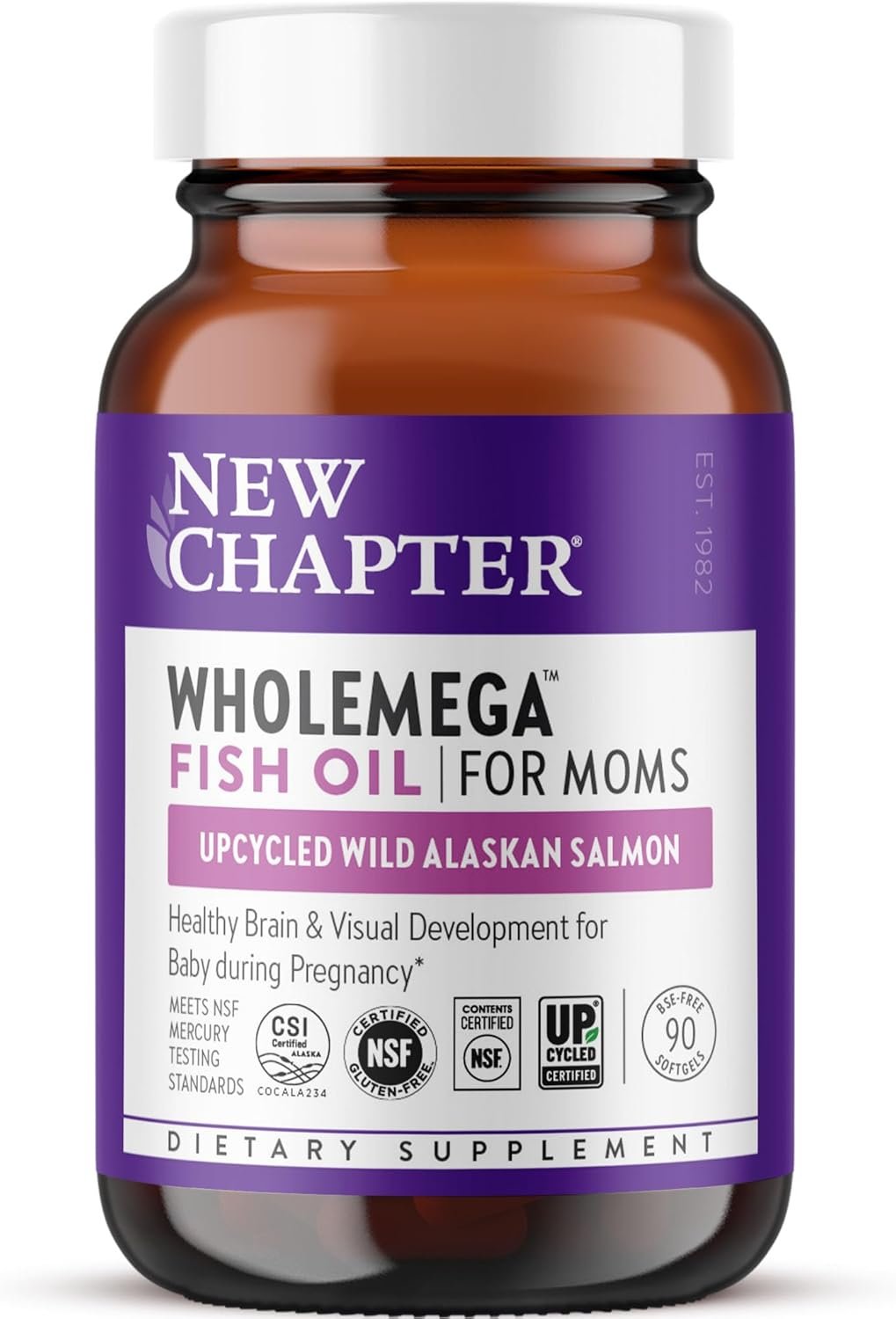 New Chapter Wholemega for Moms Fish Oil Supplement, Tiny Capsules, 2000mg per Serving, Prenatal DHA with Omega-3 + Vitamin D3 for Prenatal & Postnatal Support, 500mg Each – 90 Count