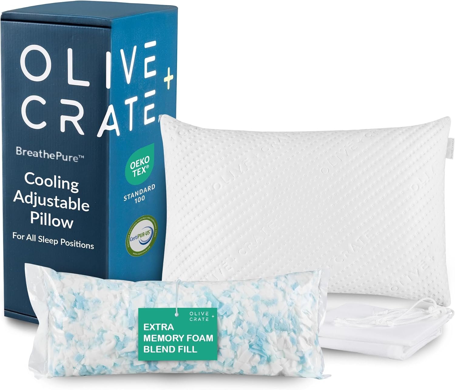 Olive + Crate BreathePure™ Adjustable Cooling Shredded Memory Foam Pillow – Breathable Bamboo Viscose Cover for Temperature Control – Gel Pillows for Side Sleepers – Queen Size