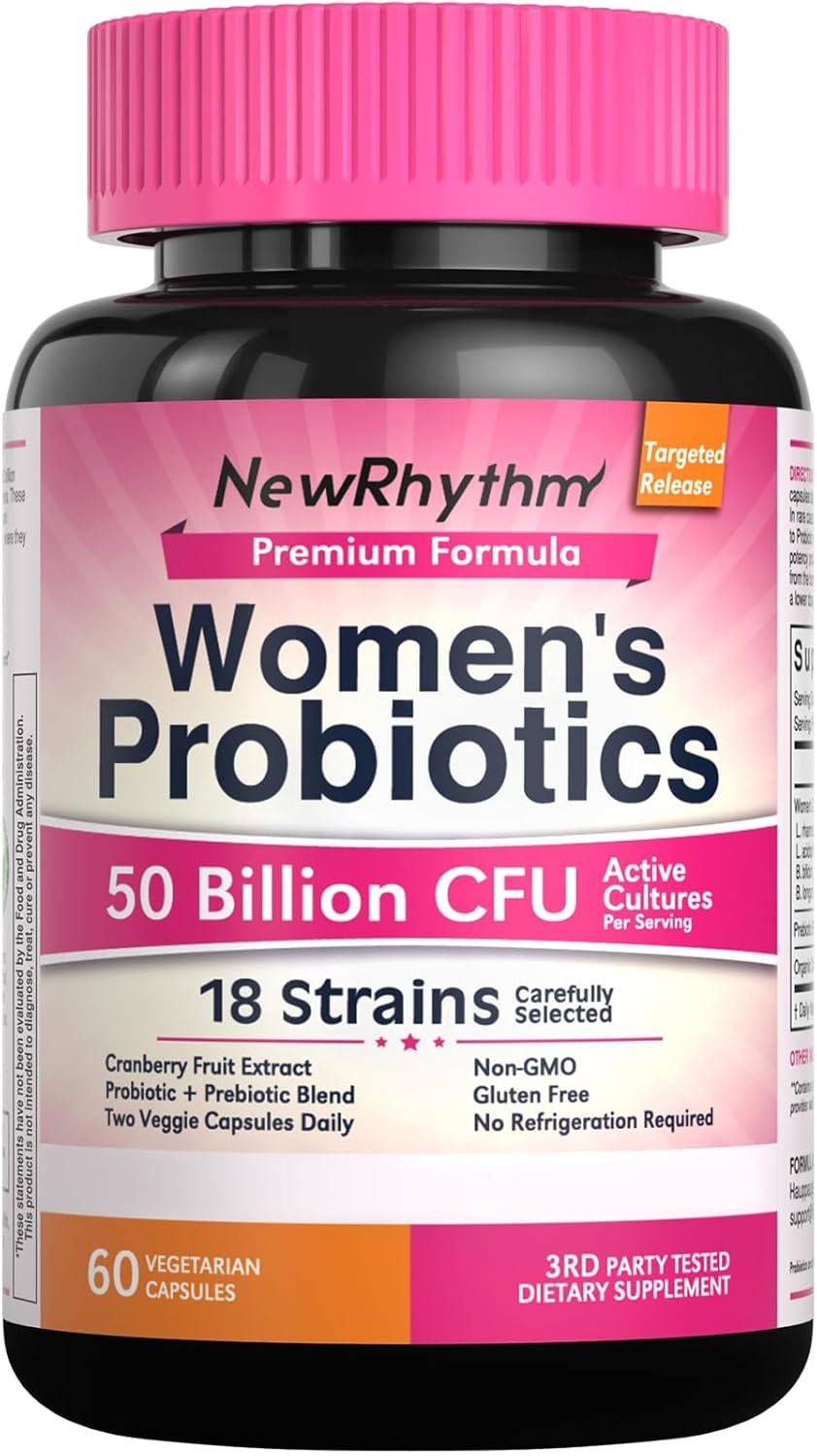 NewRhythm Women’s Probiotics, Organic Cranberry, 50 Billion CFU 18 Strains, Probiotics with Prebiotics, Support Digestive Health, No Refrigeration Needed, Non-GMO, No Soy, 60 Vegan Capsules, No Dairy