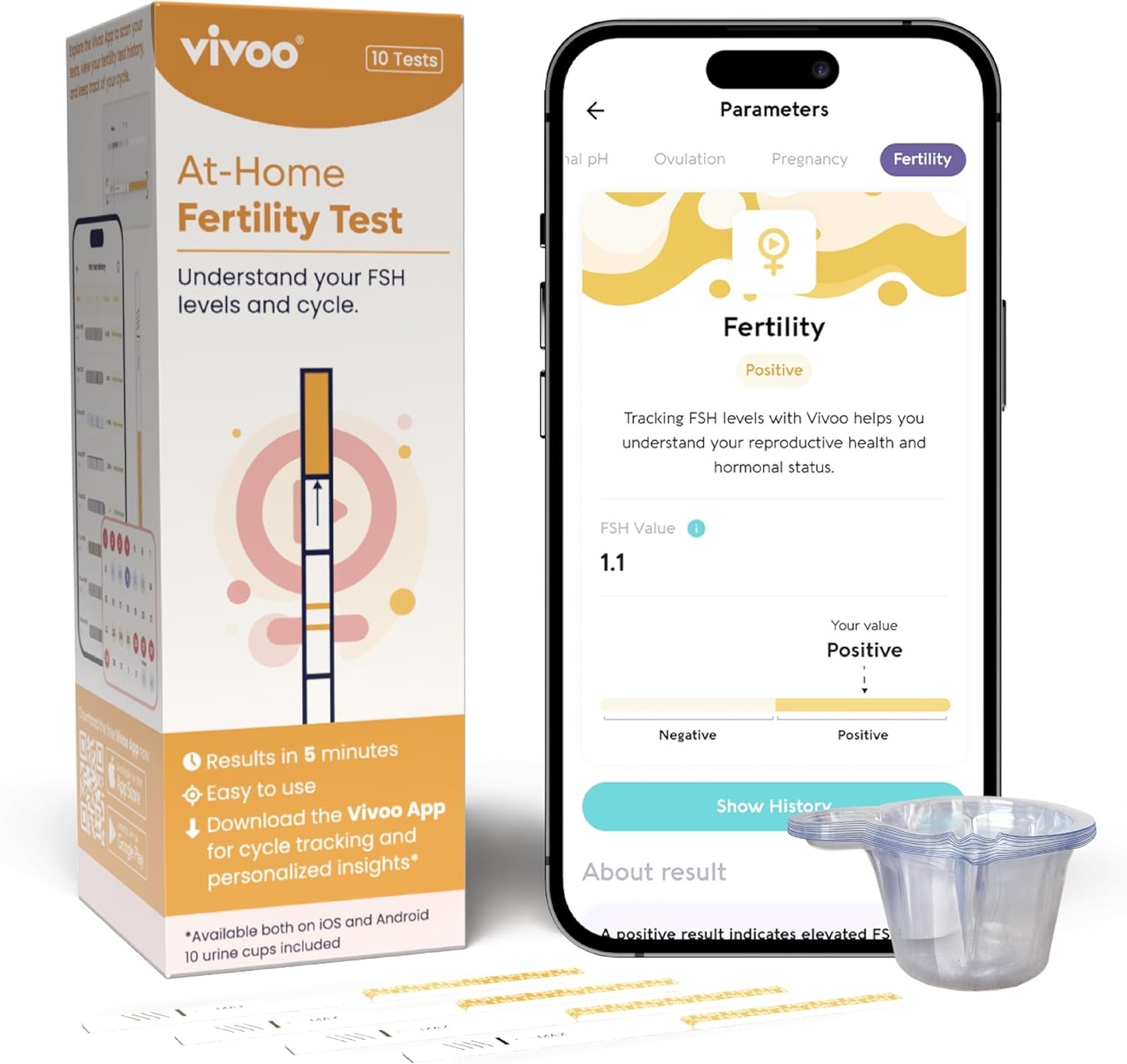 Vivoo Fertility Test – At-Home FSH Test to Monitor Ovarian Reserve, Scan & Track with Free Vivoo App, 10 Individually Wrapped FSH Tests + 10 Urine Collectors
