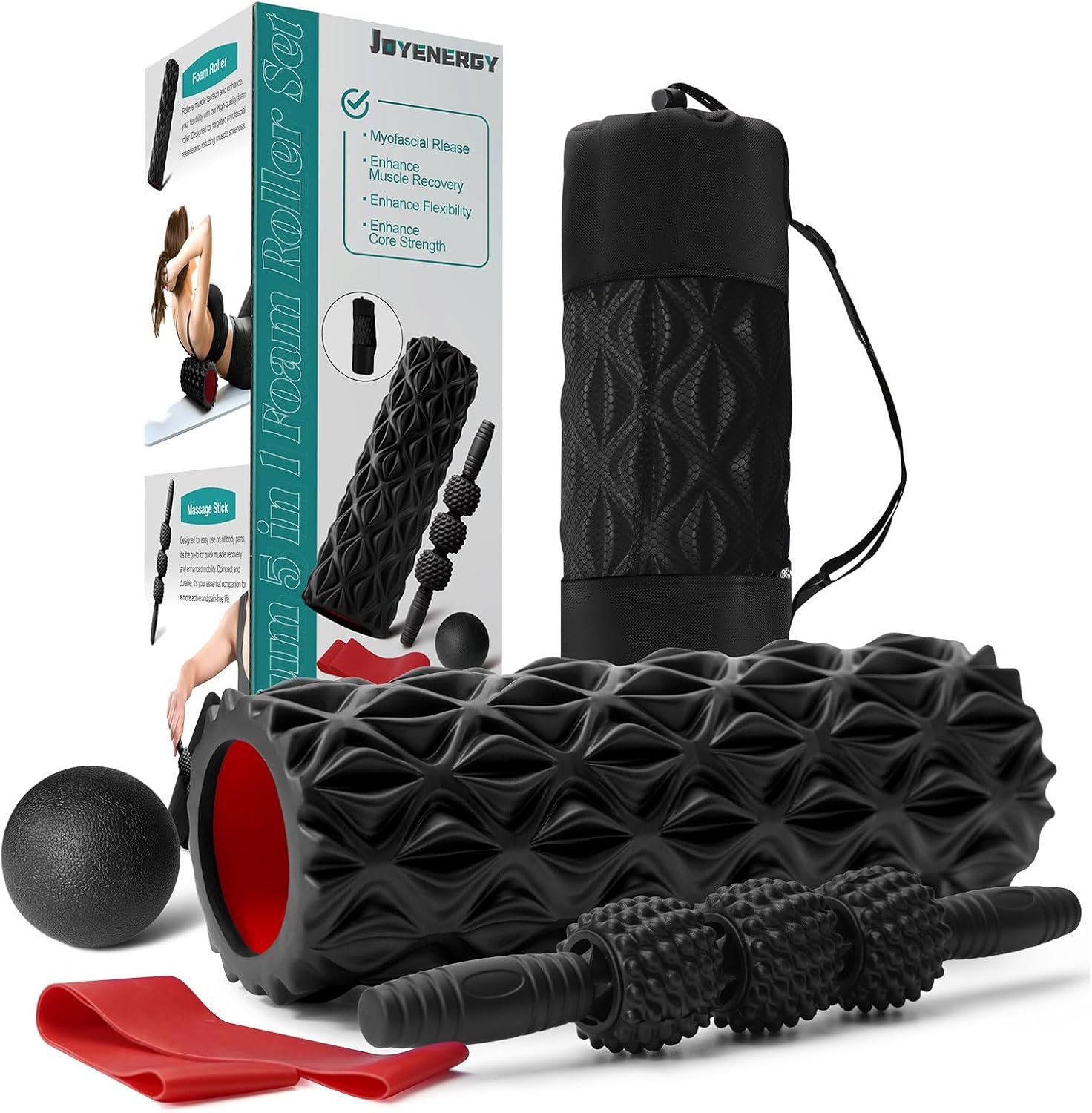JOYENERGY 5 in 1 Foam Roller Set Trigger Point Foam Roller, Massage Roller Stick, Massage Ball, Stretching Strap for Deep Muscle Massage Pilates Yoga, Fitness Exercise for Whole Body (Black Diamond)