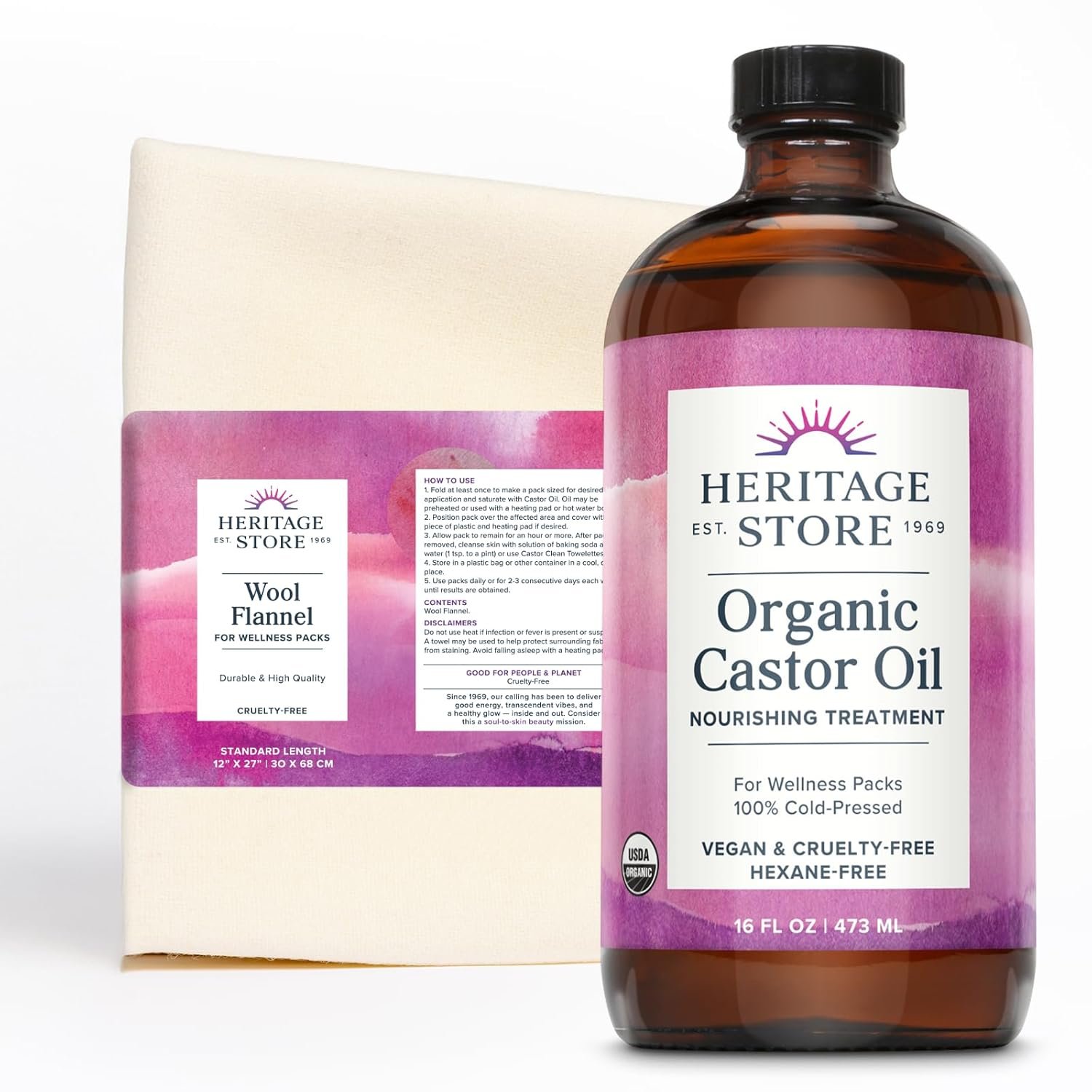 HERITAGE STORE Organic Castor Oil Pack Wrap Kit – Soothing Castor Oil Packs, Heat Compress for Abdomen, Joints, Overall Health – 16oz Cold Pressed Organic Castor Oil and 12 x 27 in. Wool Flannel Cloth
