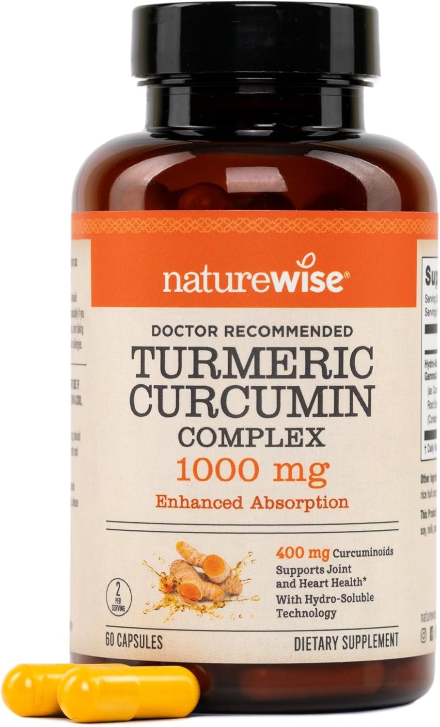 NatureWise Extra Strength Turmeric Curcumin 1000mg with Hydro-Soluble Technology for Ultra Absorption – 400mg Curcuminoids for Immune Support – Vegan, Non-GMO, 60 Capsules[30-Day Supply]
