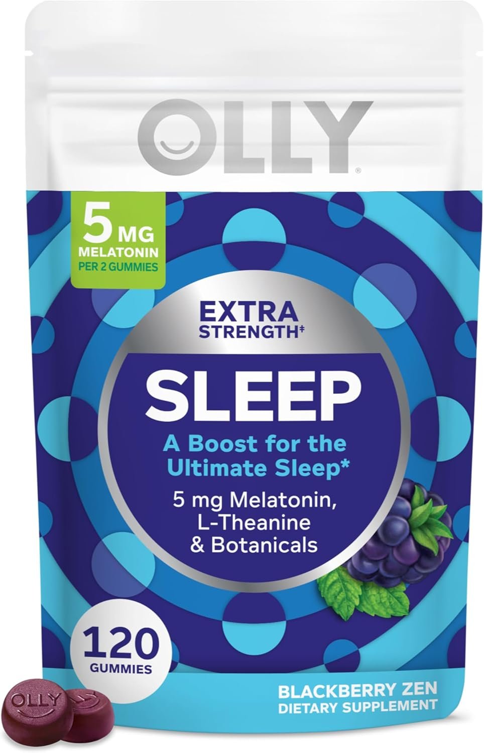 OLLY Extra Strength Sleep Gummy, Occasional Sleep Support Supplement*, 5 mg Melatonin, L-Theanine, BlackBerry Zen Flavor, 60 Day Supply – 120 Count (Packaging May Vary)