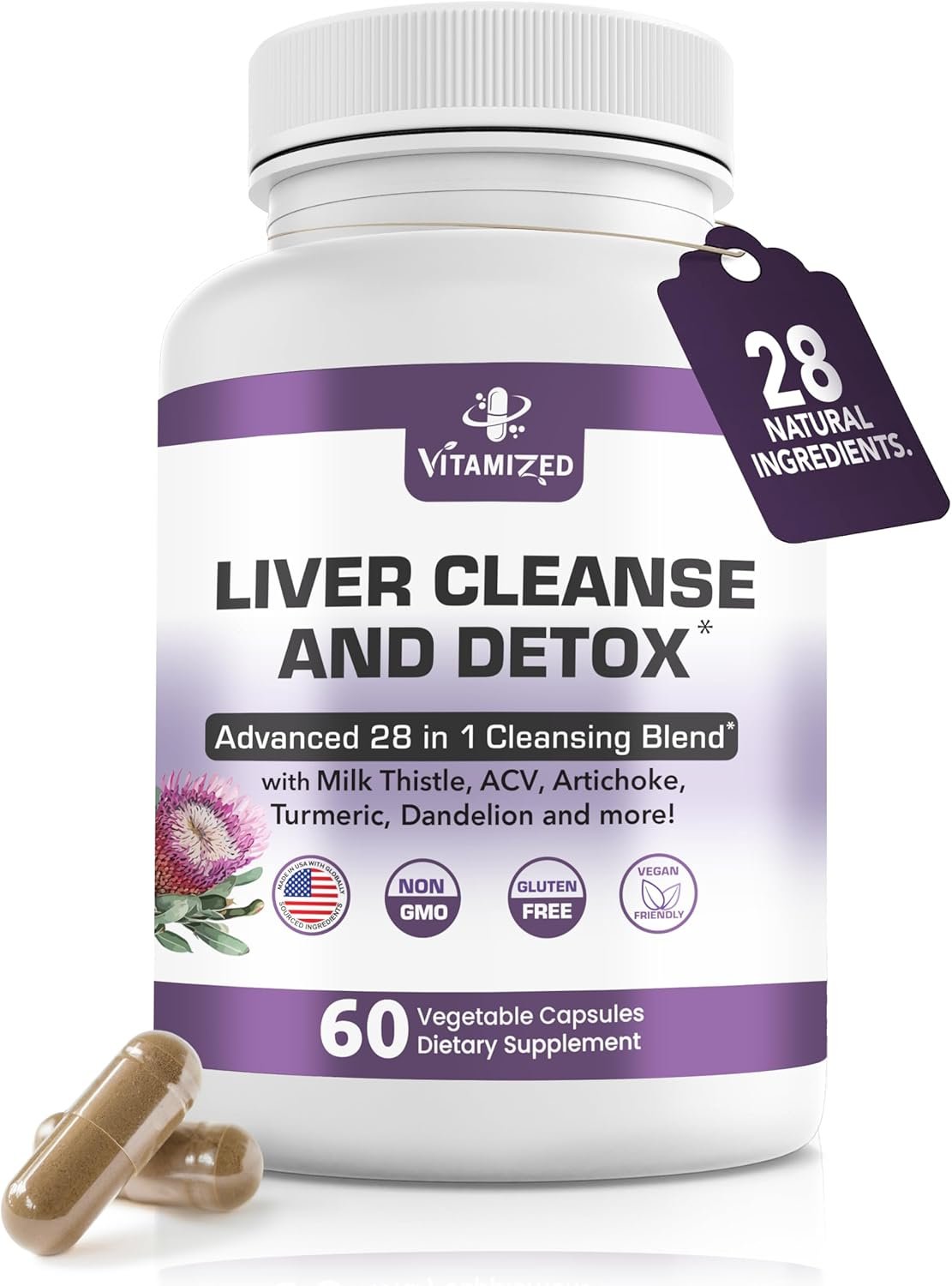 Liver Cleanse Detox & Repair Fatty Liver Supplements 28-in-1 Advanced Herbal Liver Health Supplement Formula – Milk Thistle Silymarin, Artichoke Extract, Dandelion & Apple Cider Vinegar – 60 Pills