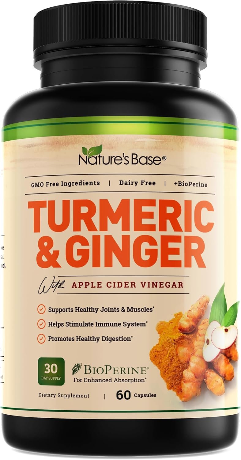 Nature’s Base Turmeric and Ginger Supplement – with Curcumin, Apple Cider Vinegar & BioPerine Black Pepper Extract – 95% Curcuminoids – 60 Capsules