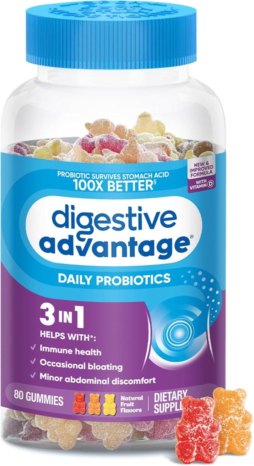 Digestive Advantage Probiotic Gummies for Digestive Health, Daily Probiotics for Women & Men, Support for Occasional Bloating, Minor Abdominal Discomfort & Gut Health, 80ct Natural Fruit Flavors