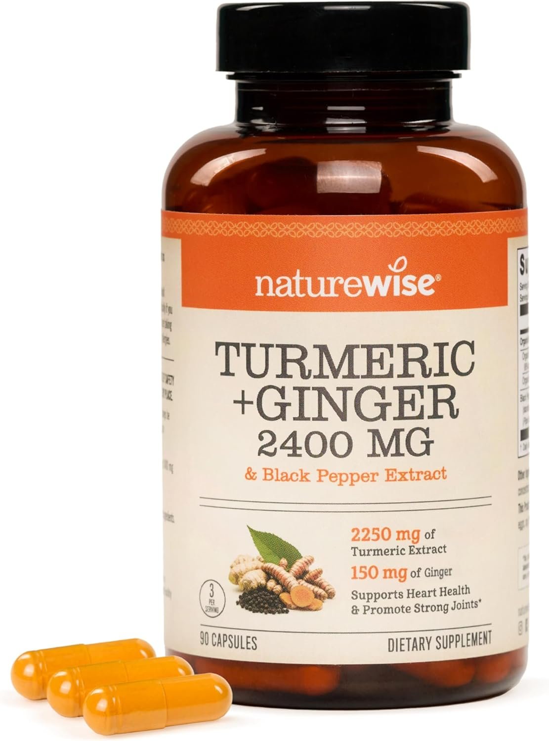 NatureWise Turmeric Curcumin + Ginger 2400 mg – Ultra High Curcuminoids 2100 mg – Turmeric Extract + Ginger – Extra Strength & Absorption – Vegan, Non-GMO – 90 Count[30-Day Supply]