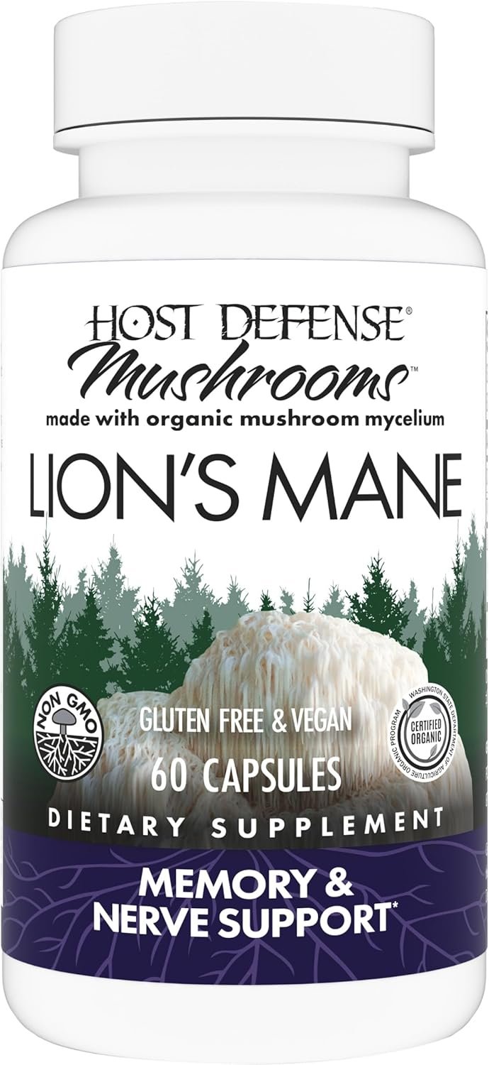 Host Defense Mushrooms Lion’s Mane – Supplement Capsules for Brain Health Support – Mushroom Support for Focus & Memory Function – Immune & Nervous System Supplement – 60 Capsules