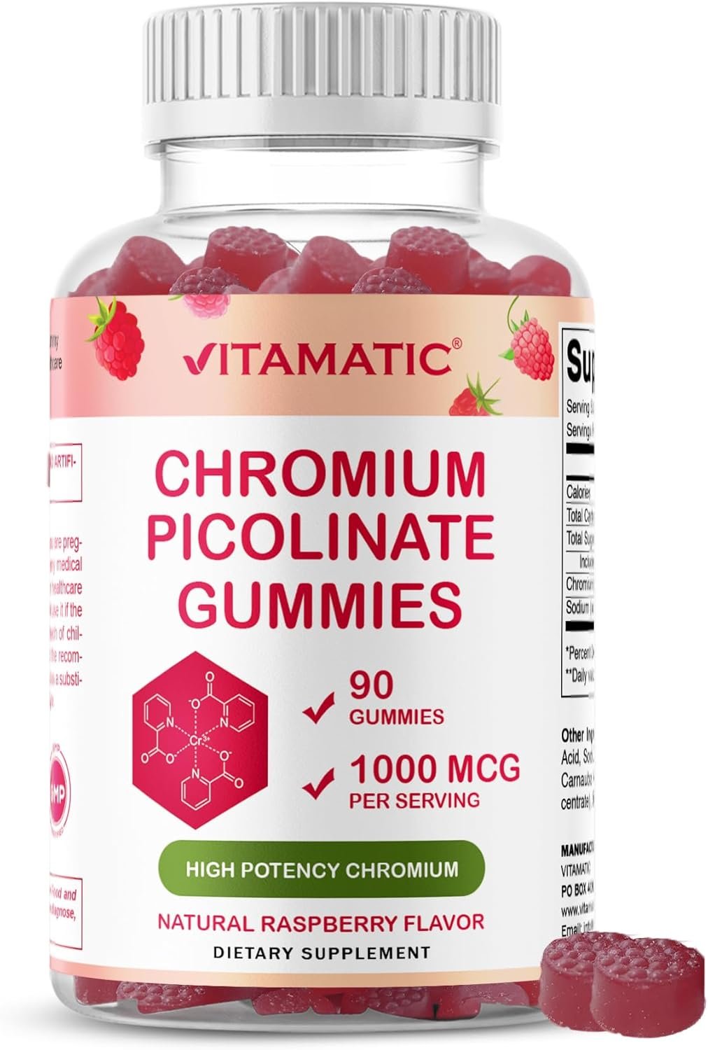 Vitamatic Chromium Picolinate 1000 mcg – 90 Gummies – High Potency Chromium – Raspberry Flavor