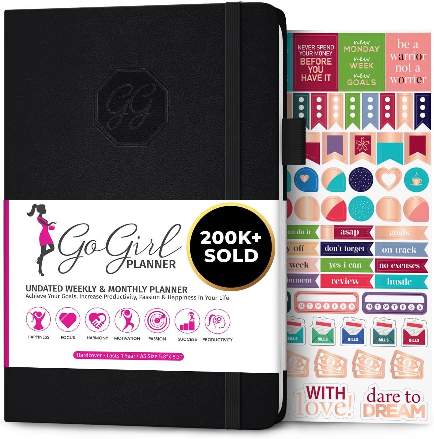 GoGirl Planner and Organizer for Women – A5 Size Weekly Planner, Goals Journal & Agenda to Improve Time Management, Productivity & Live Happier. Undated – Start Anytime, Lasts 1 Year – Black