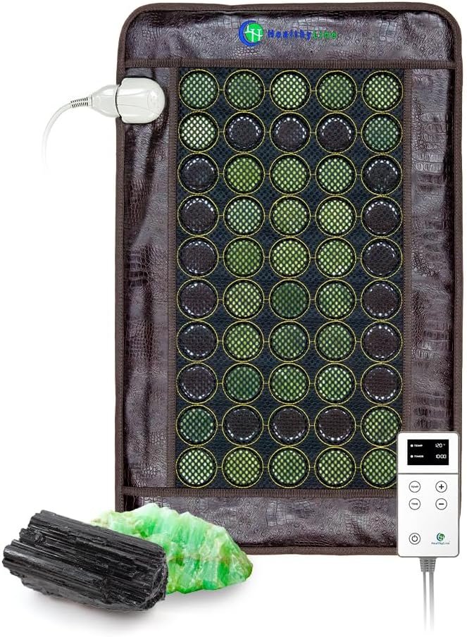 HealthyLine Far Infrared Light Electric Heating Pad for Pain Relief – 50 Pieces Natural Jade and Tourmaline Gemstones – Negative Ions, Flexible Mat – FSA or HSA Eligible