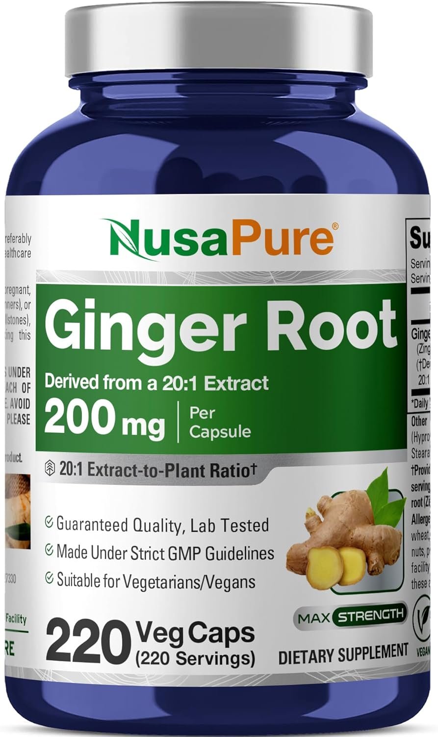 NusaPure Ginger Root Capsules, 200 mg, 220 Veg Capsules (Non-GMO, Vegan)
