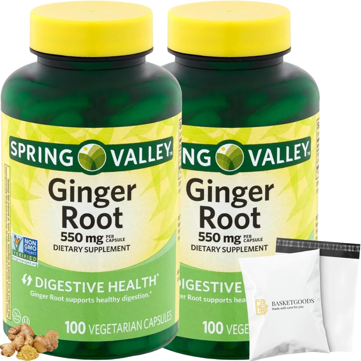 Spring Valley Ginger Root 550mg, Dietary Supplement Capsules, Digestive Health, 100 Count per Bottle (Pack of 2), Set with Basket Goods Store Polybag (1)
