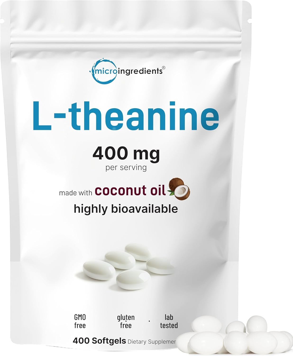 Micro Ingredients L-Theanine 400mg, 400 Softgels | Highly Bioavailable with Coconut Oil | Extra Strength Theanine Amino Acid | Calm & Relaxation Support + Focus Supplement | Non-GMO, Gluten Free