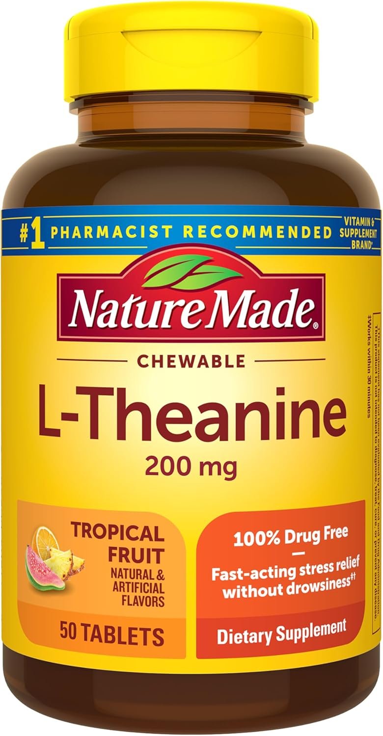 Nature Made Chewable L Theanine 200mg, L-Theanine Supplement for Stress Relief, 50 Chewable Tablets, 50 Day Supply