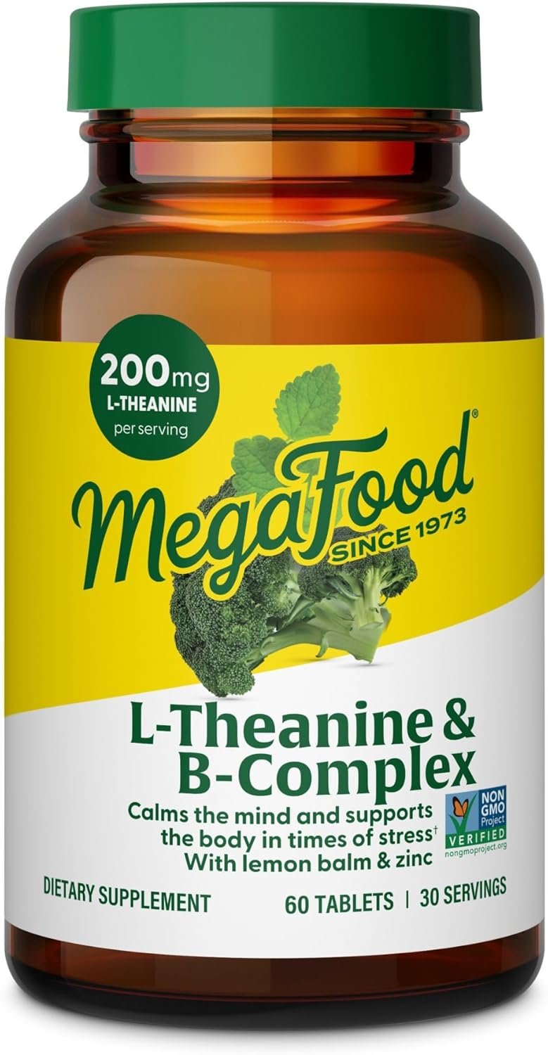 MegaFood L-Theanine & Vitamin B Complex with Vegan B12, B6, Folate, Biotin & More – 200 mg L Theanine Supplement – B Complex Vitamins for Women & Men – Plus Lemon Balm & Zinc – 60 Tablets, 30 Servings