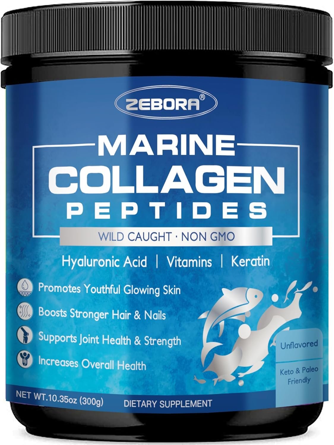 ZEBORA Marine Collagen Peptides Powder with Hyaluronic Acid, Keratin – Wild Caught Hydrolyzed Fish Collagen with Multivitamins – Support Skin Hair Nail, Keto Friendly, 35 Servings