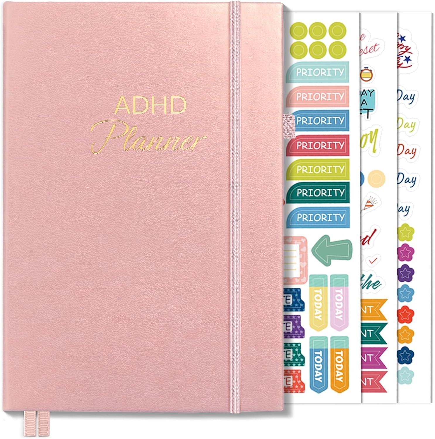 SUNEE Adhd Daily Planner for Adults,3-Month Undated Daily Weekly Monthly Planner for Productivity, Goal Setting, Time Management, Work & Life – for Men & Women,Vision Board + Stickers,Rose Gold